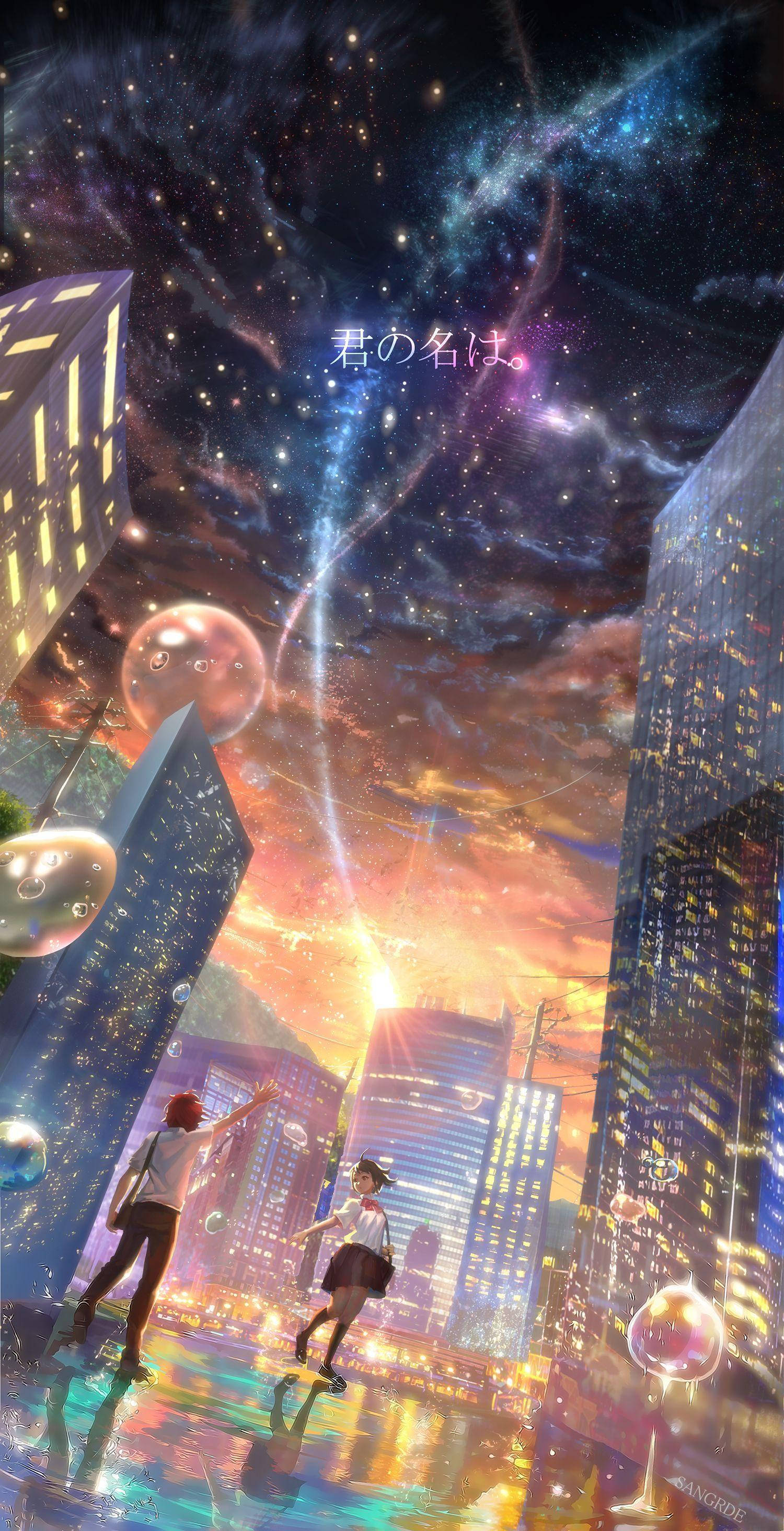 Kimi No Na Wa Phone, neon cityscape, surreal sky, 2K Phone Wallpaper