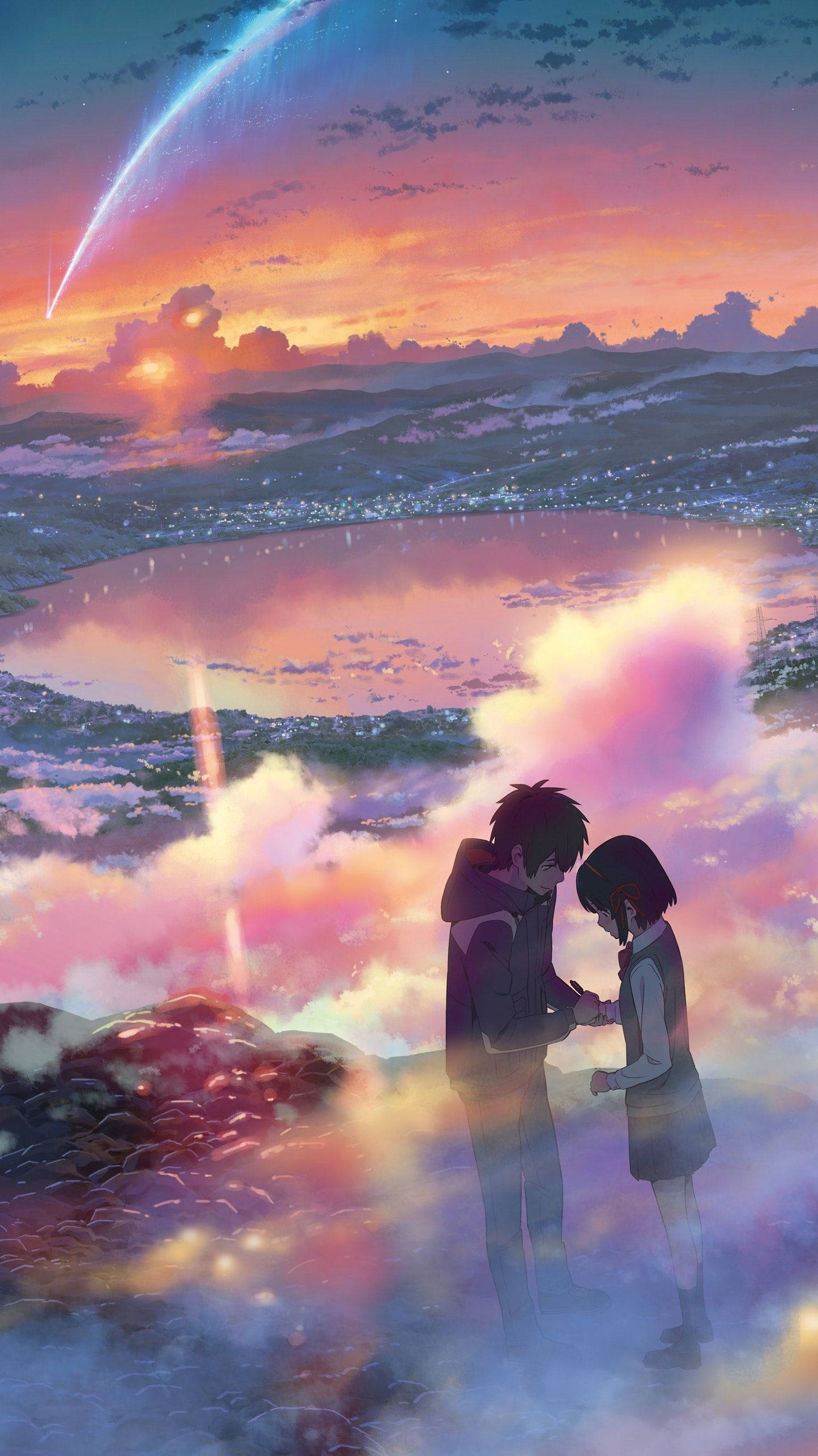 Kimi No Na Wa, cliff, glowing lake, 2K Phone Wallpaper