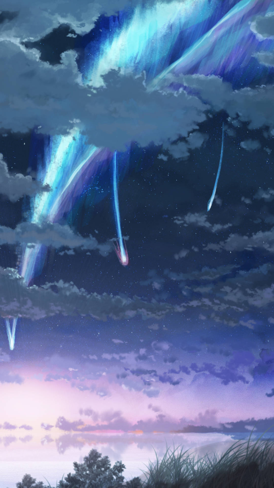 Kimi No Na Wa Phone, surreal anime sky, glowing blue comet trails, Full HD Phone Wallpaper