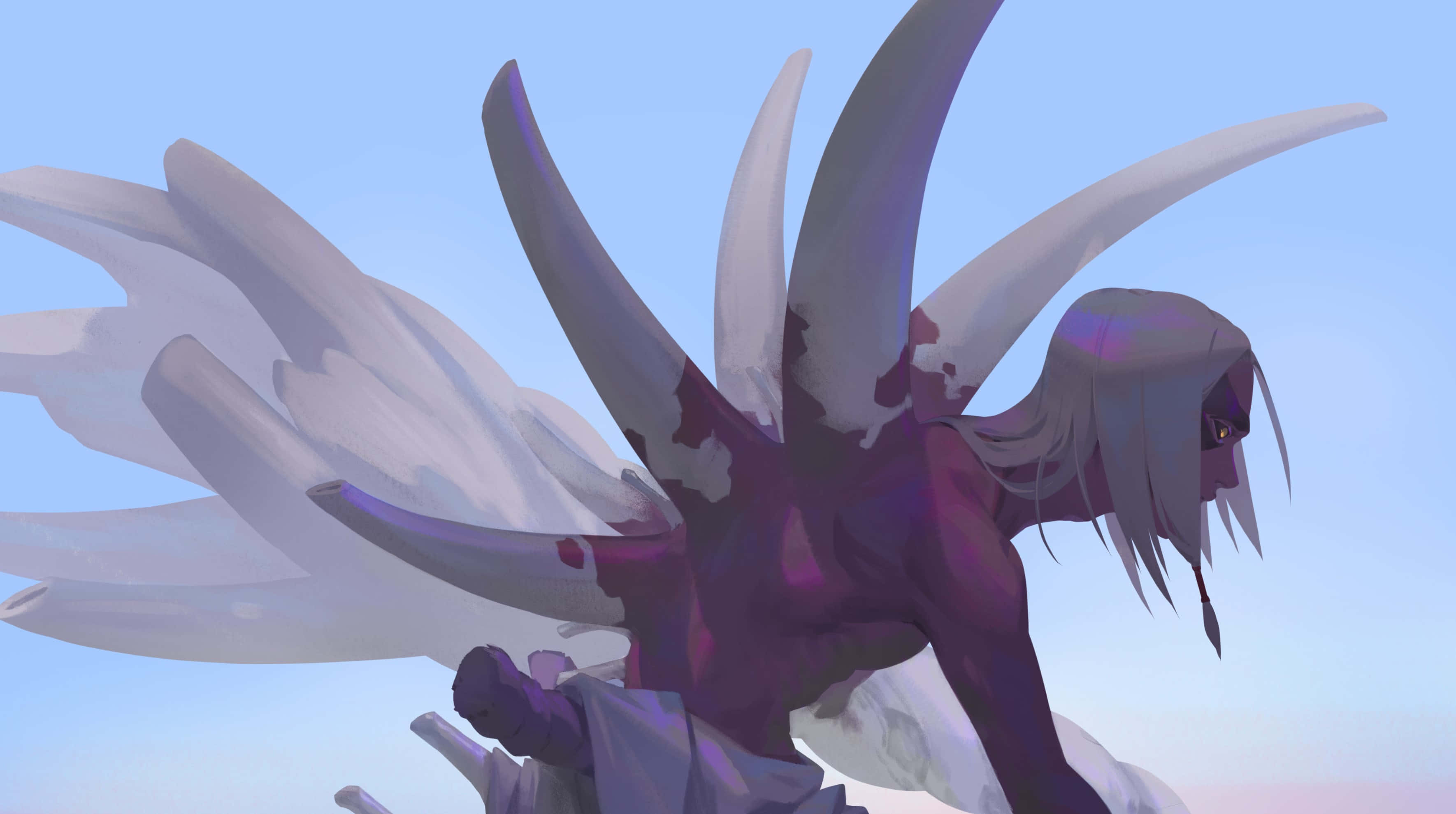 Kimimaro, purple skin, large white wings, 2K Desktop Wallpaper