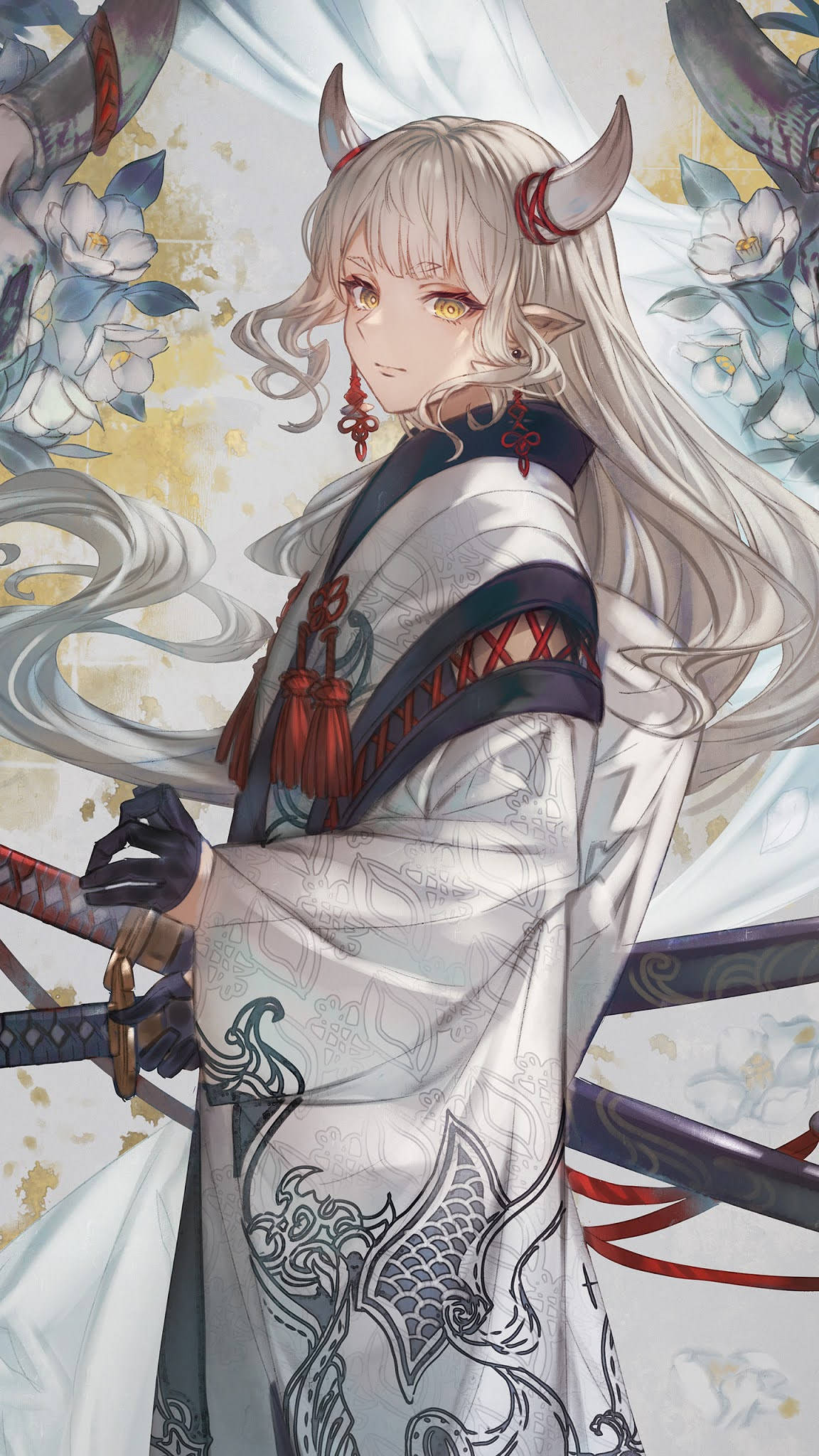 anime girl, white kimono, dragon patterns, Full HD Phone Wallpaper
