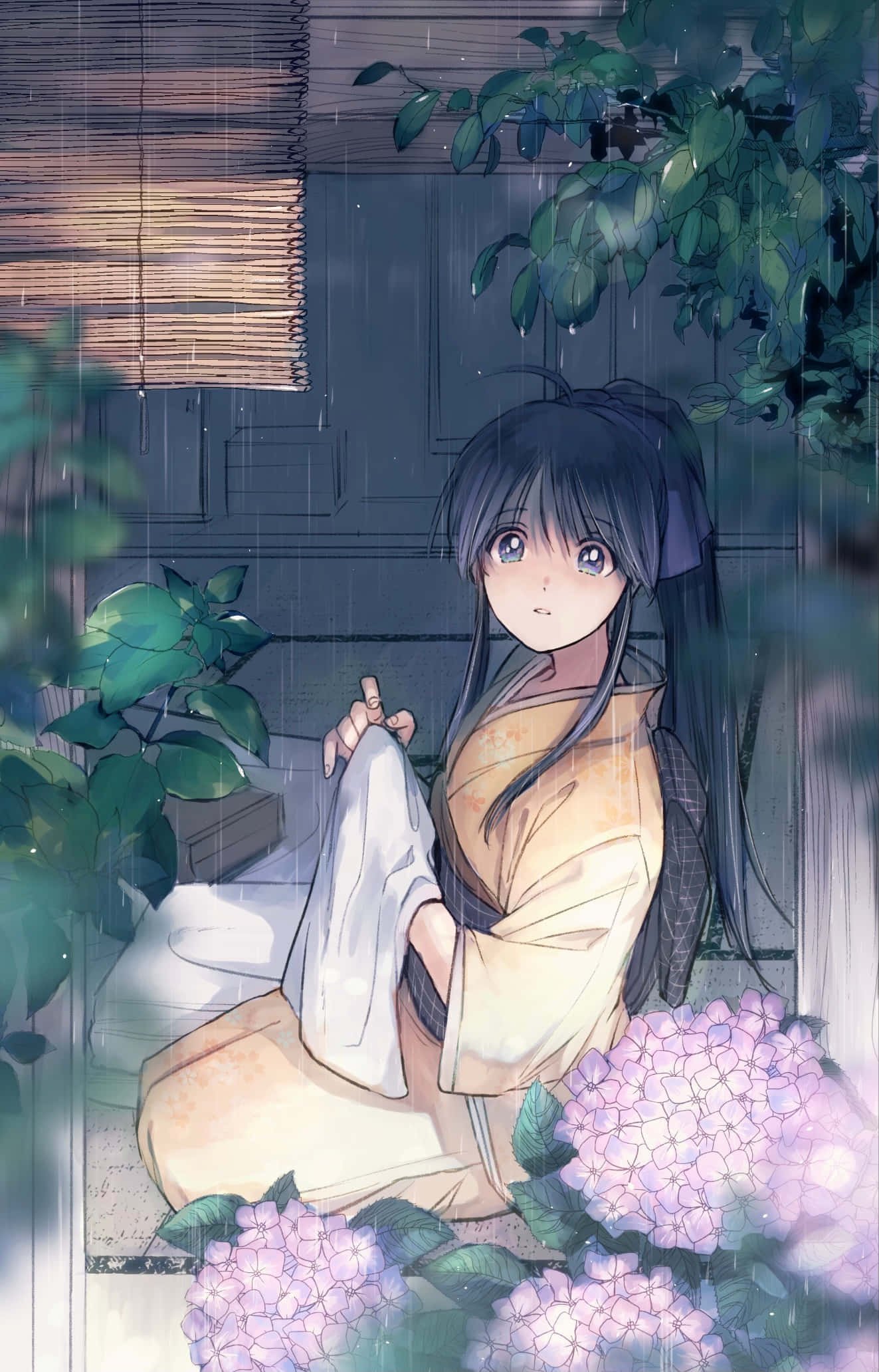 beige kimono, porch, rain, Full HD Phone Wallpaper