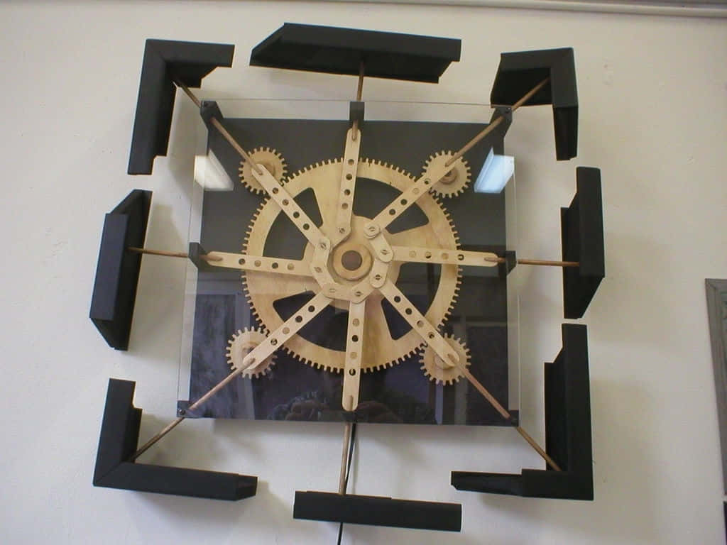 Kinetic Art, modern wall clock, exposed wooden gears, SD Desktop Wallpaper