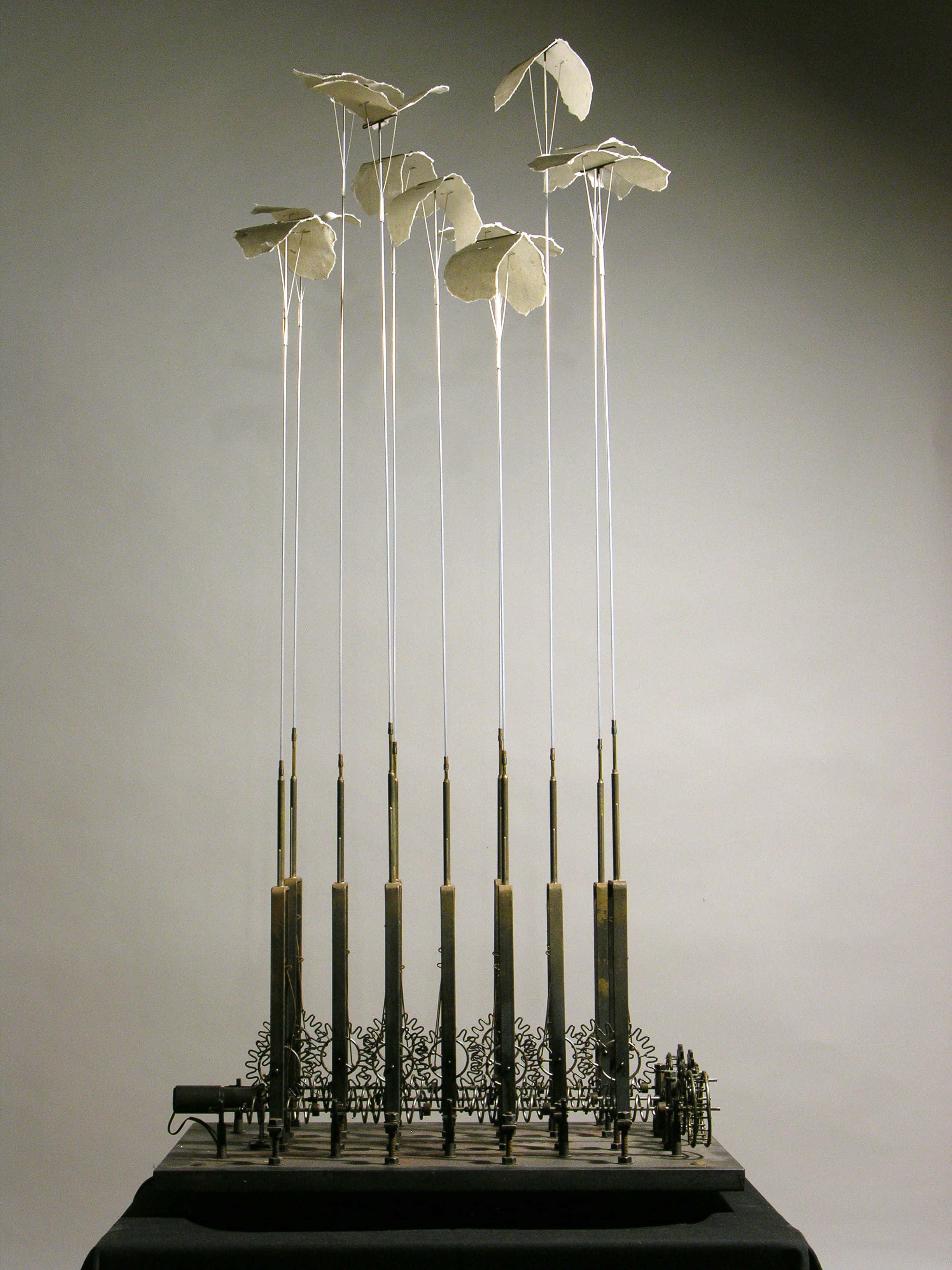 Kinetic Art, white paper-like flowers, slender rods, 2K Phone Wallpaper