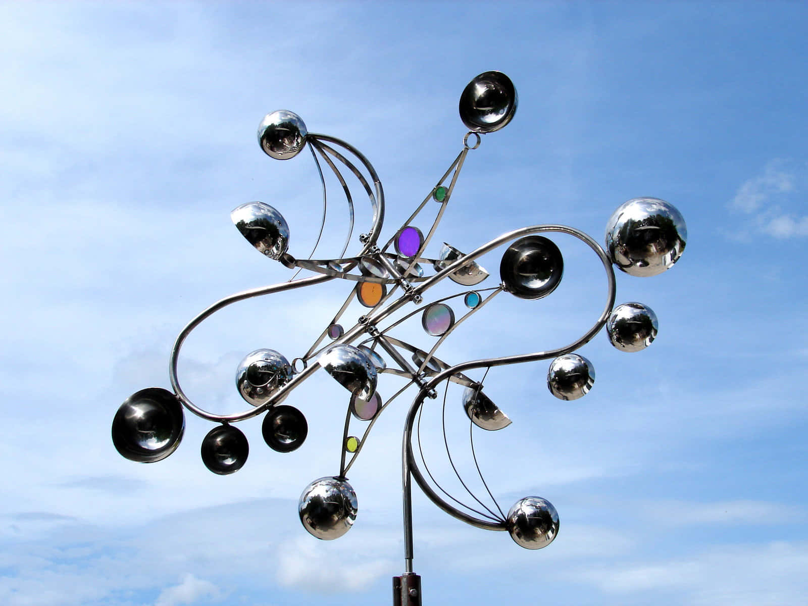 kinetic art, metallic sculpture, reflective spheres, HD Desktop Wallpaper