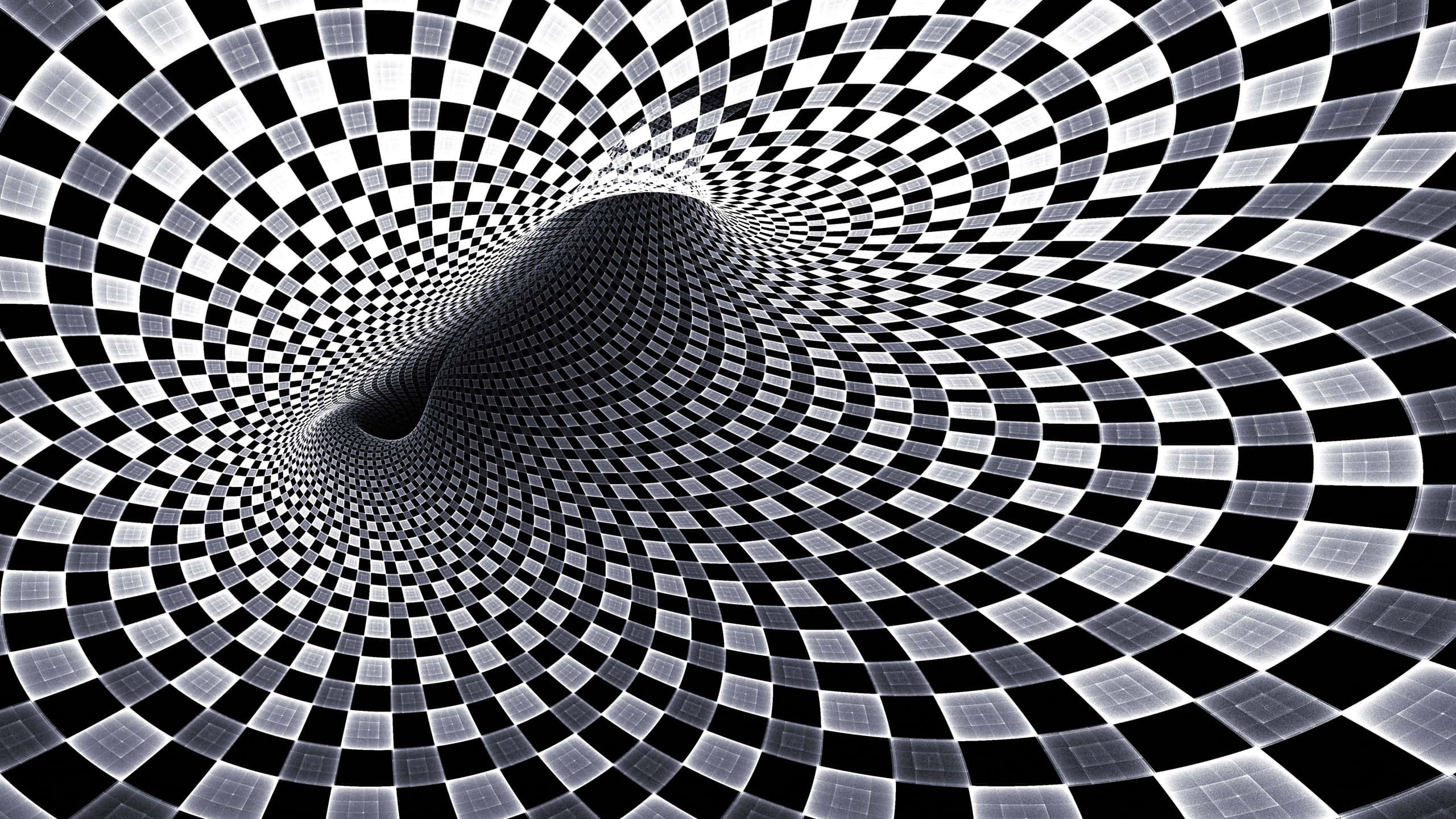 Kinetic Art, black and white checkered pattern, swirling vortex tunnel, 2K Desktop Wallpaper