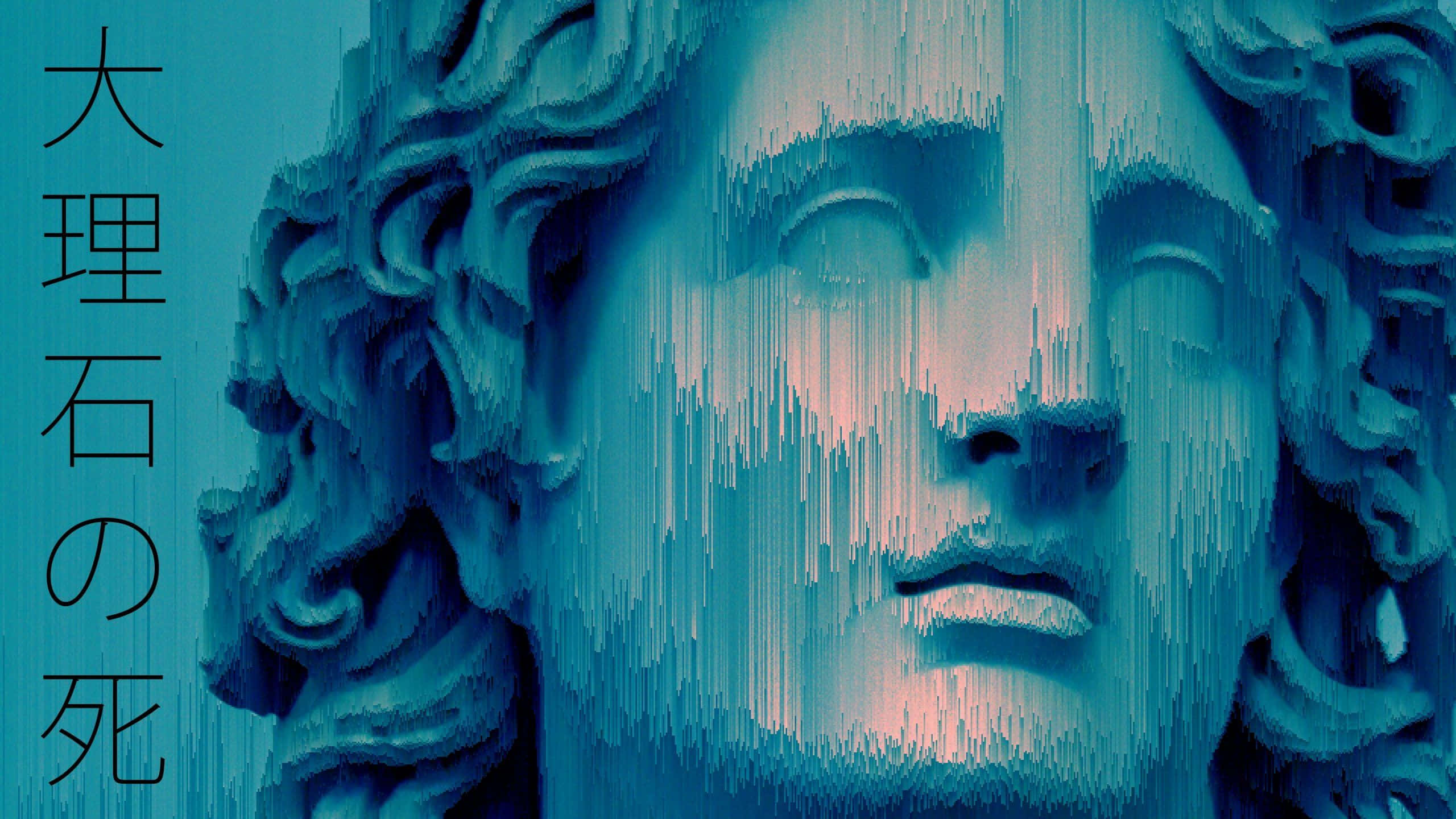 Kinetic Art, blue marble statue head, Japanese text, 2K Desktop Wallpaper
