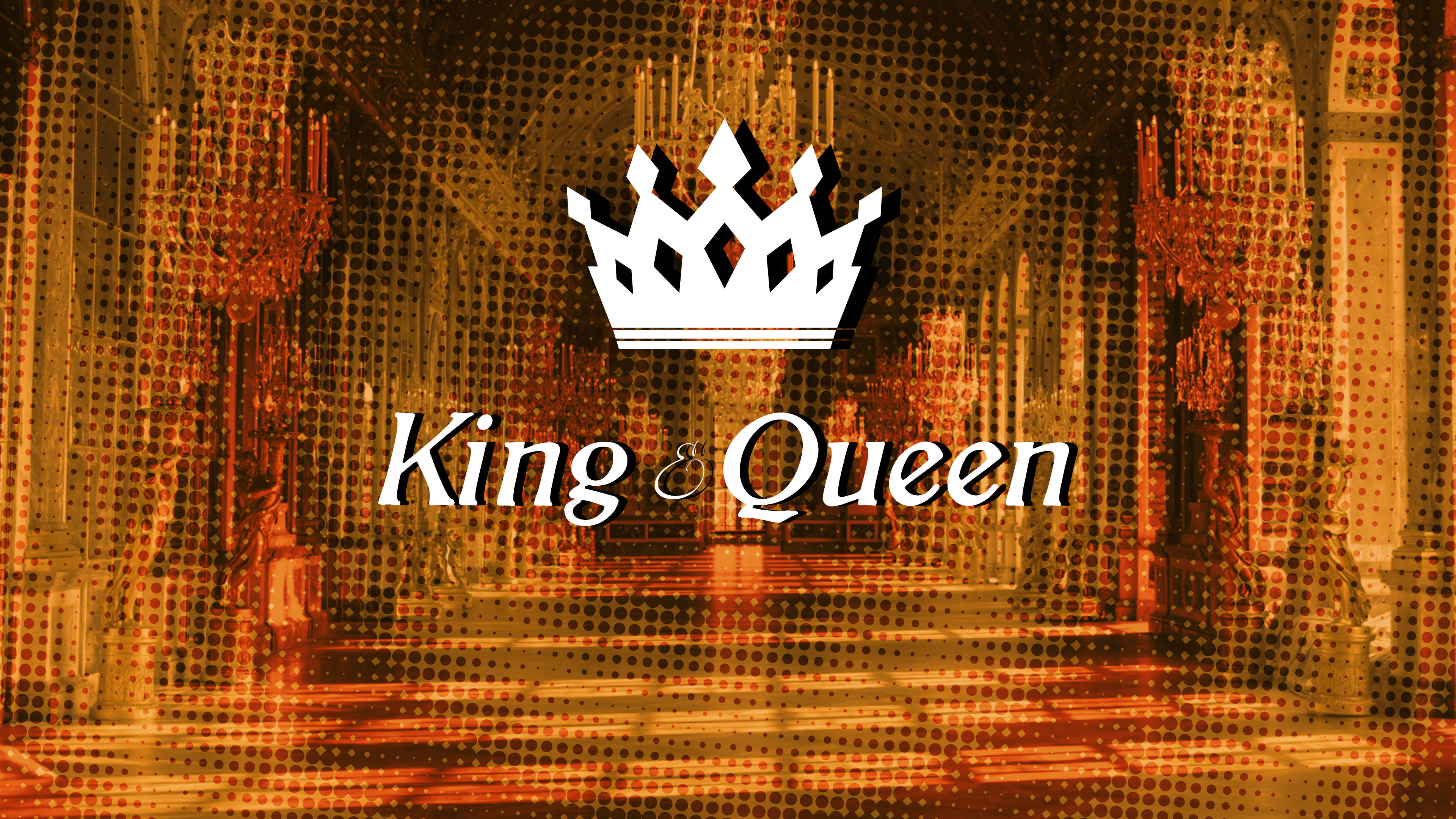 King & Queen, white crown, golden halftone patterned throne room, 4K Desktop Wallpaper