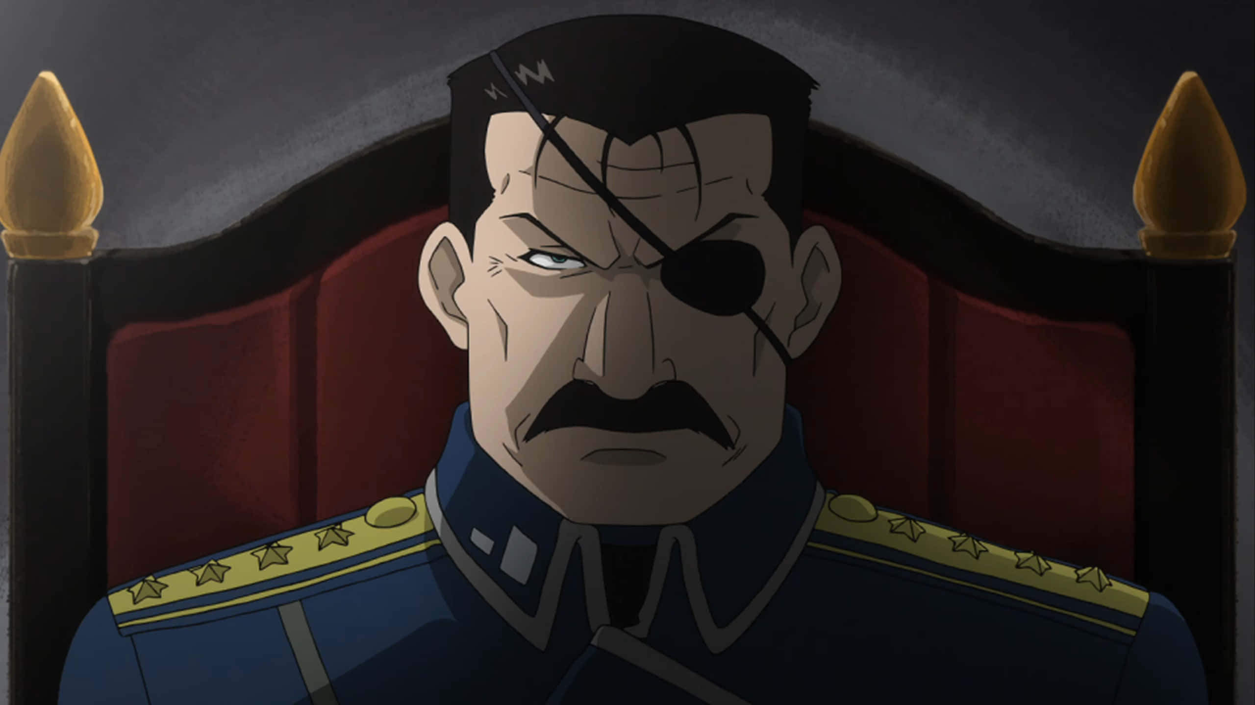 King Bradley, eyepatch, red upholstered chair, 2K Desktop Wallpaper