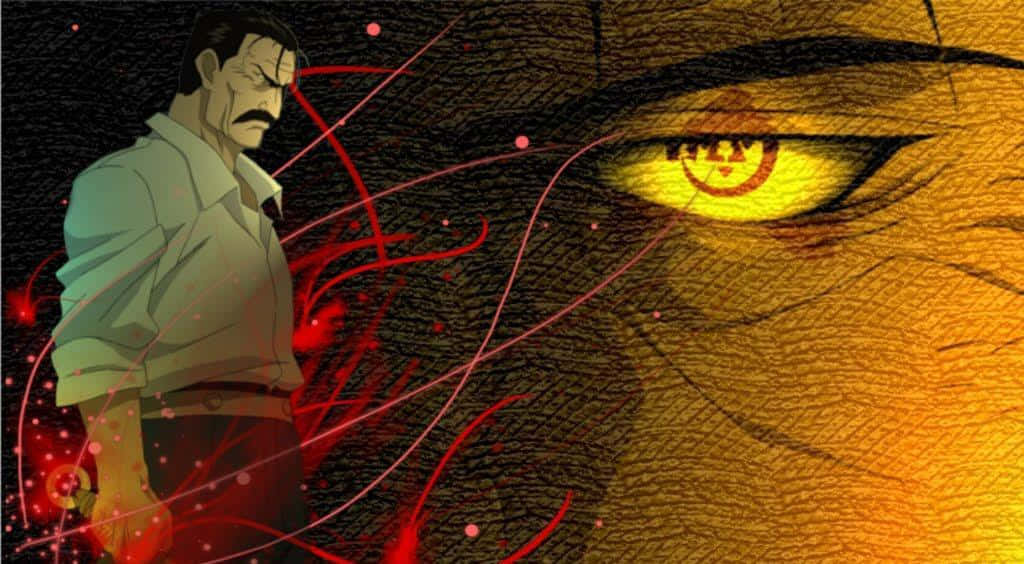 King Bradley, giant glowing yellow eye, red smiley face pupil, SD Desktop Wallpaper