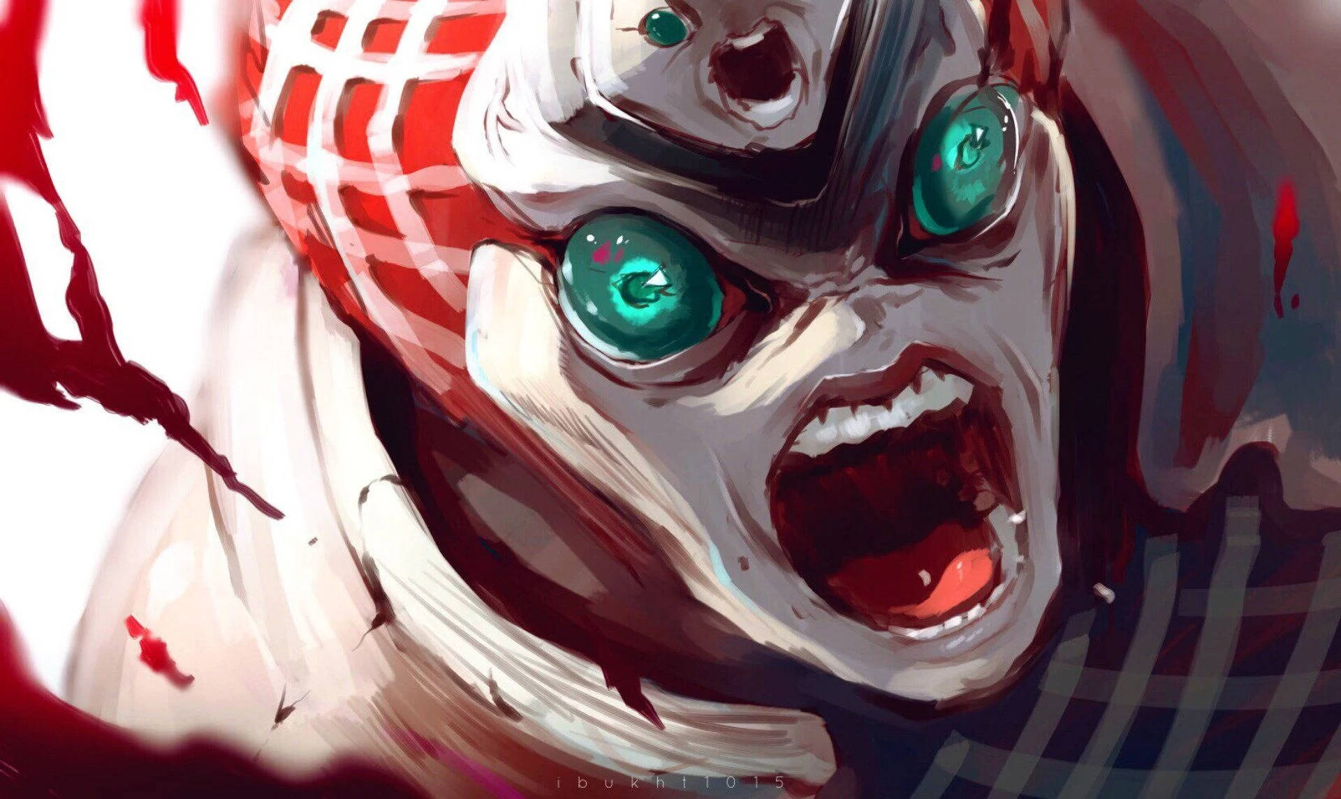 King Crimson, glowing green eyes, bloodied face, Full HD Desktop Wallpaper