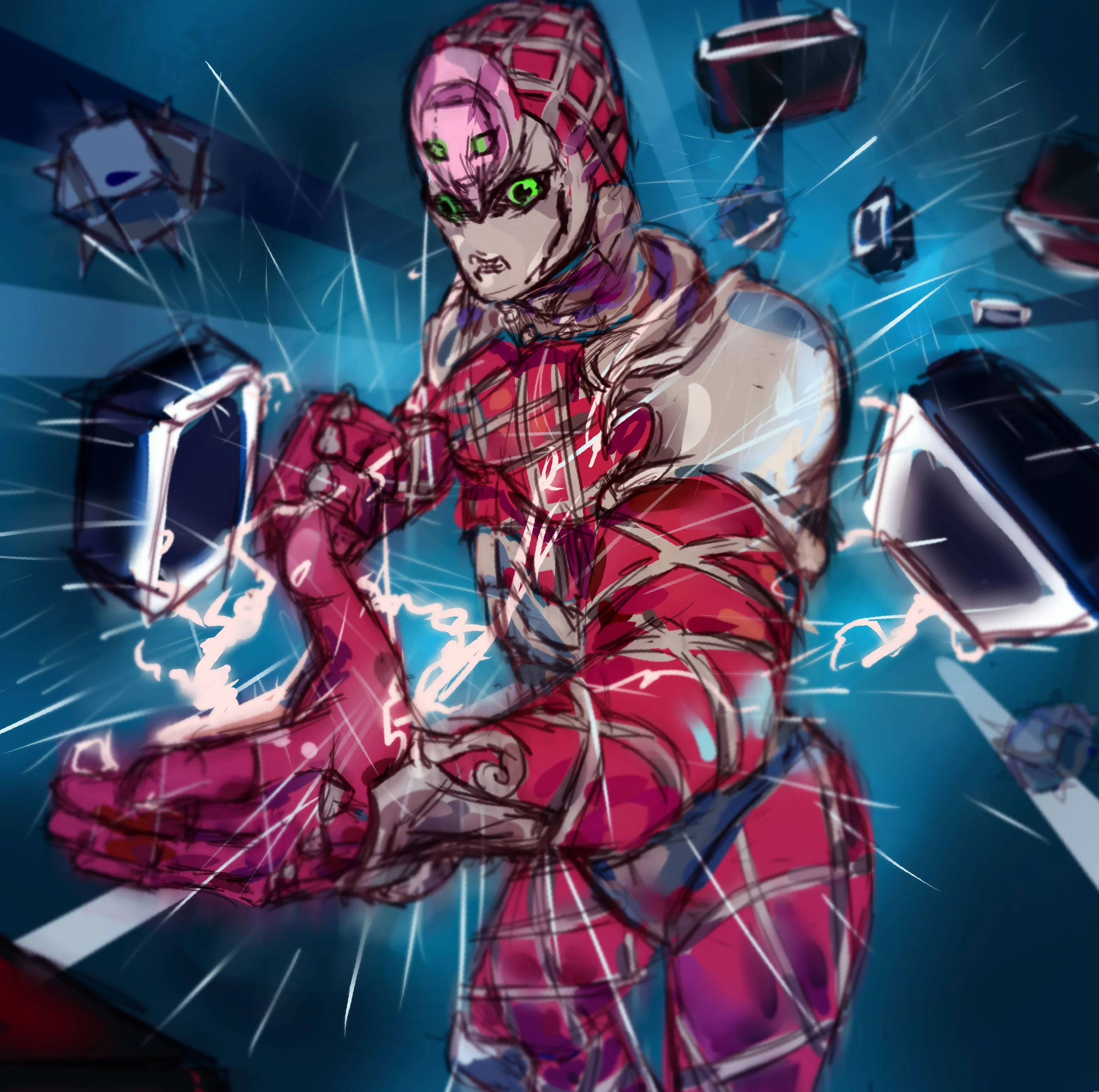 King Crimson, red and pink armor, floating black cubes, 2K Desktop Wallpaper