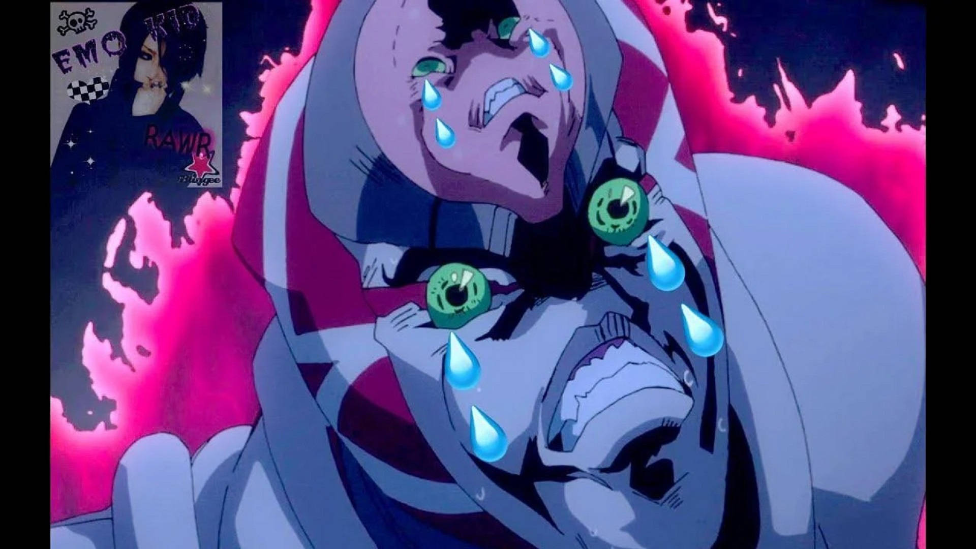 King Crimson, glowing green eyes, blue tears, Full HD Desktop Wallpaper