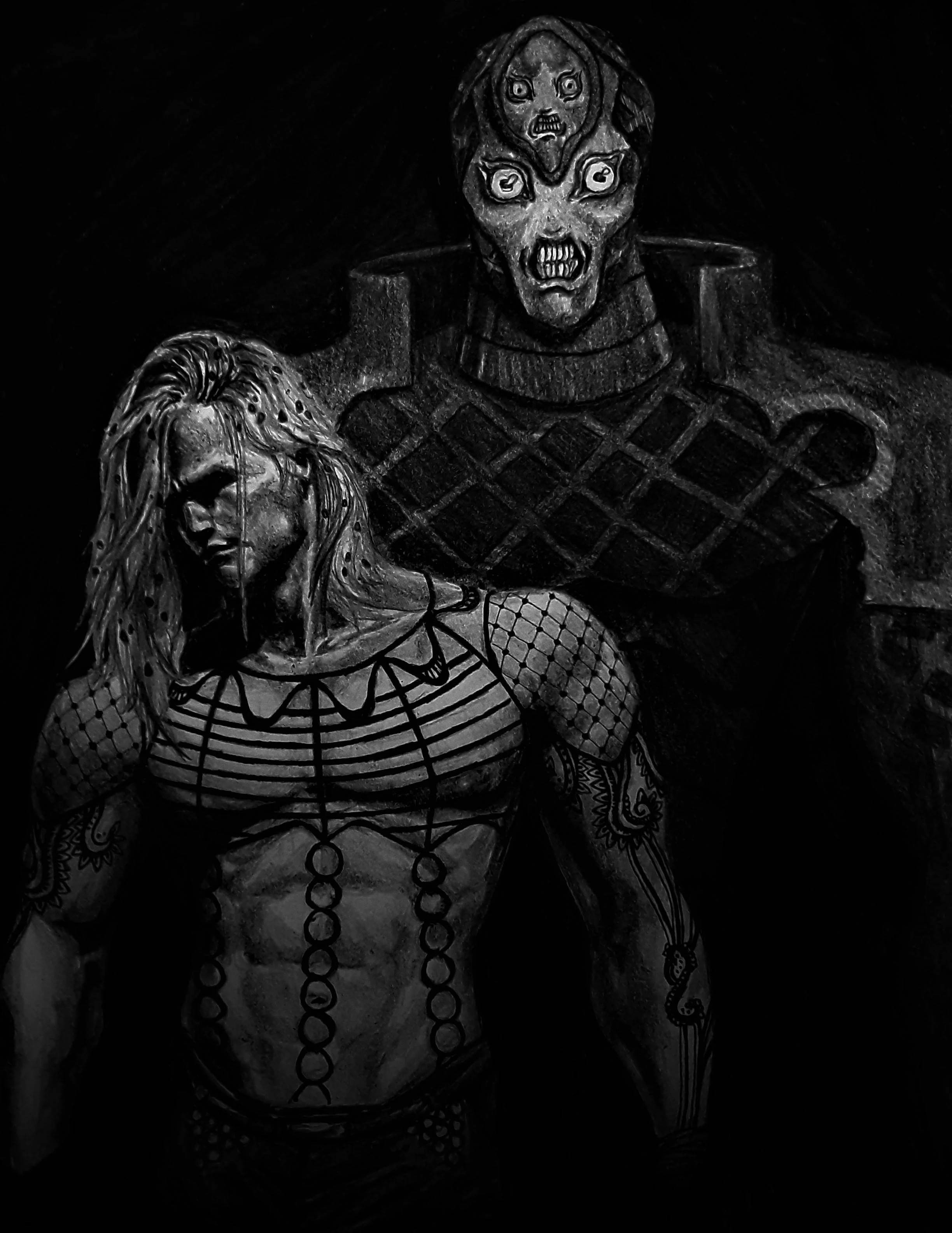 King Crimson, tattooed man, multi-eyed horror figure, 2K Phone Wallpaper