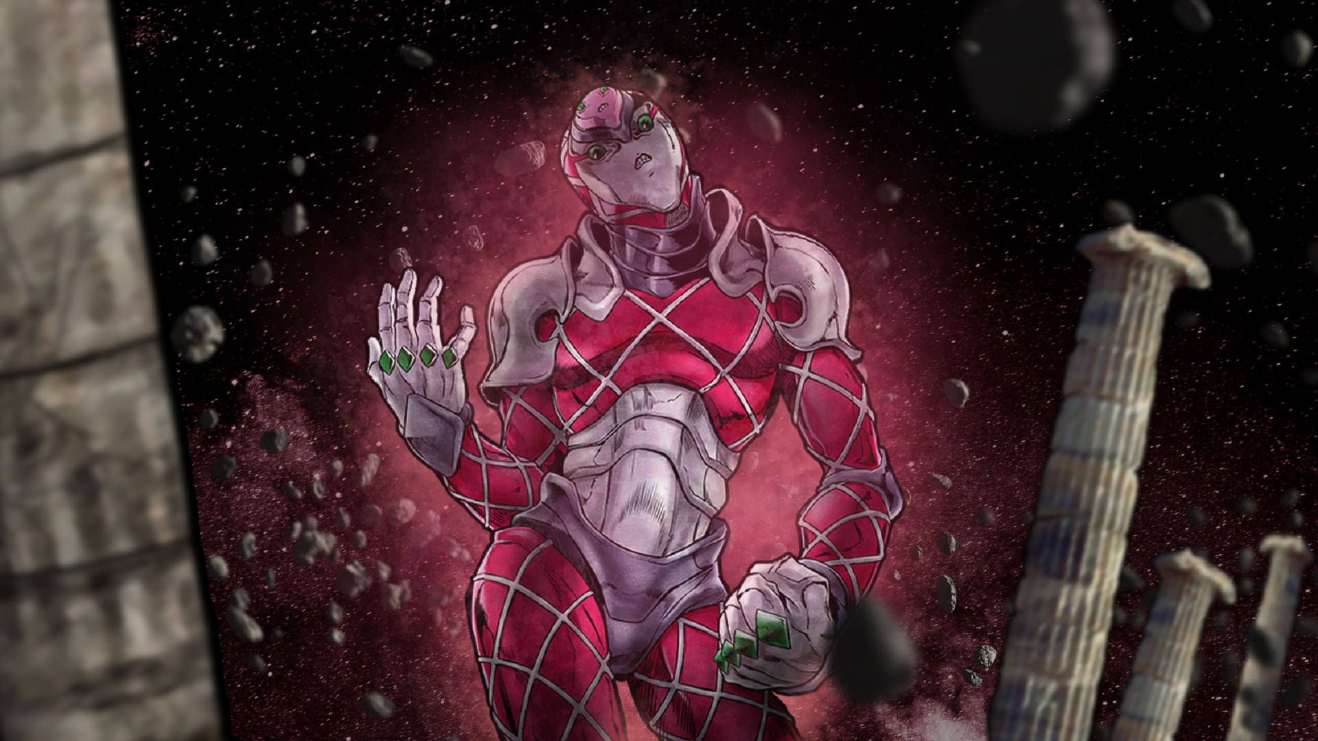 King Crimson, red and silver armor, floating debris, Full HD Desktop Wallpaper