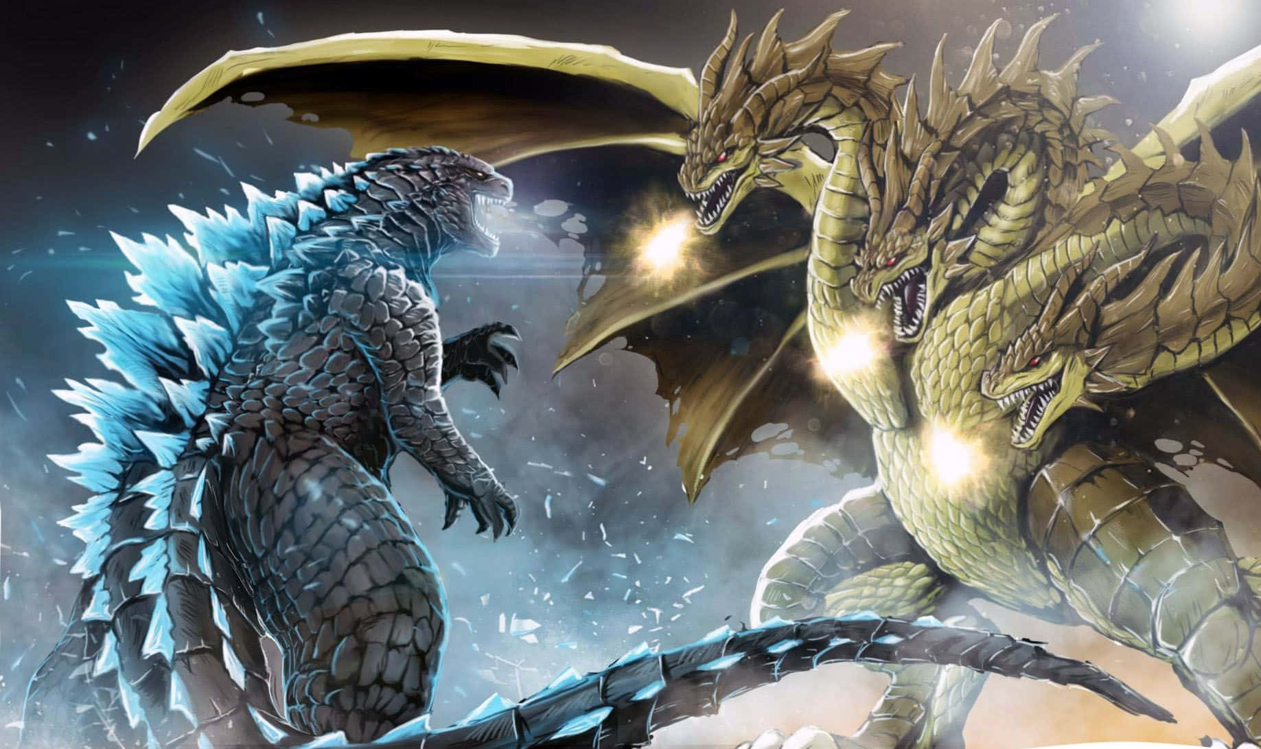 King Ghidorah, three-headed golden dragon, cosmic battle, HD Desktop Wallpaper