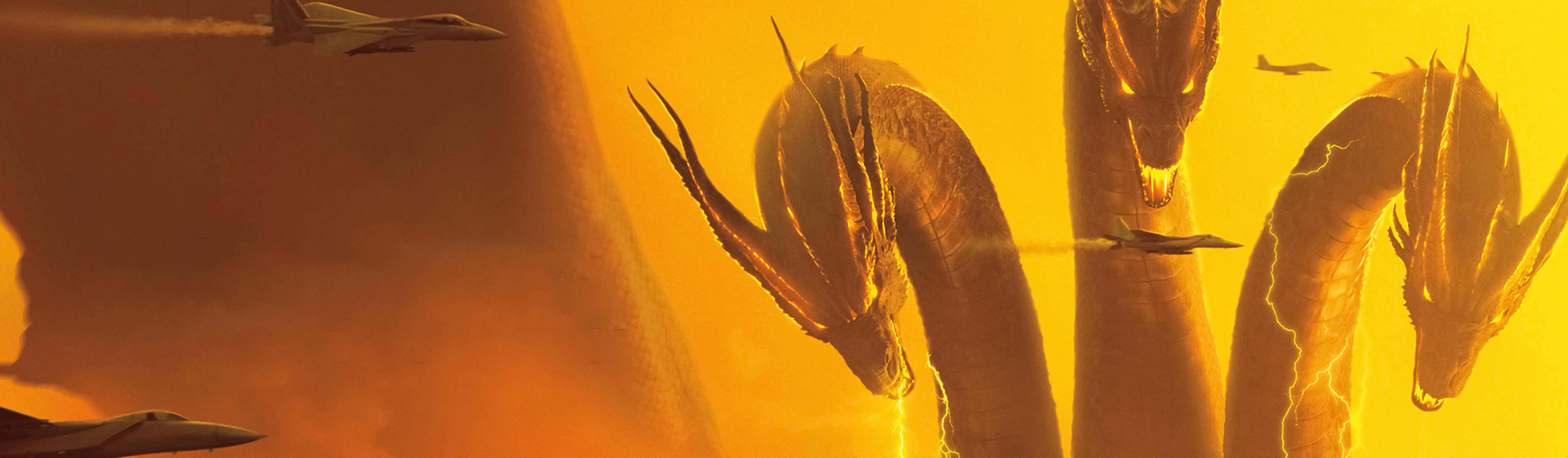 King Ghidorah, three colossal dragon heads, fiery orange clouds, 5K Desktop Wallpaper