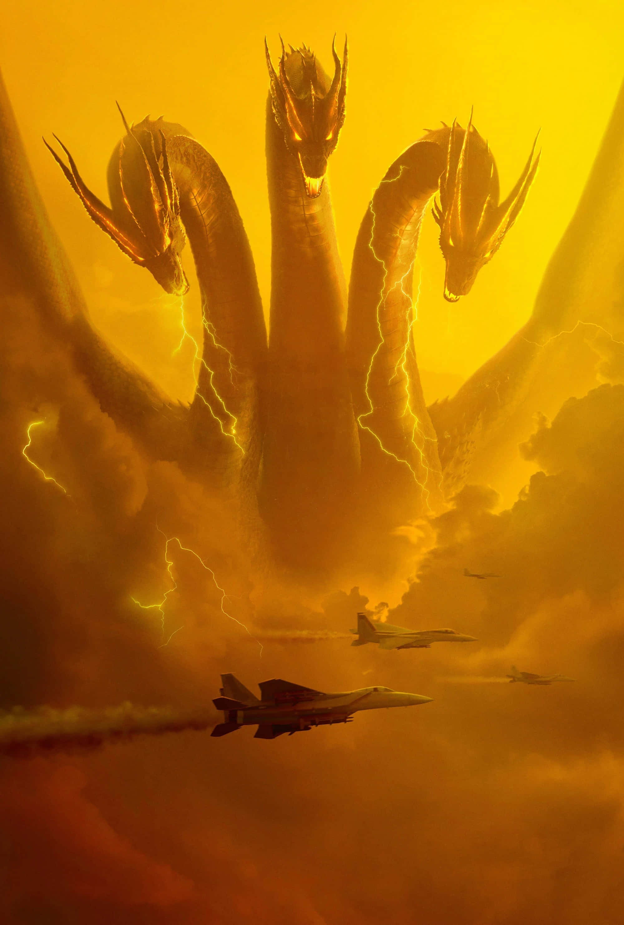 King Ghidorah, three-headed dragon, lightning, 2K Phone Wallpaper