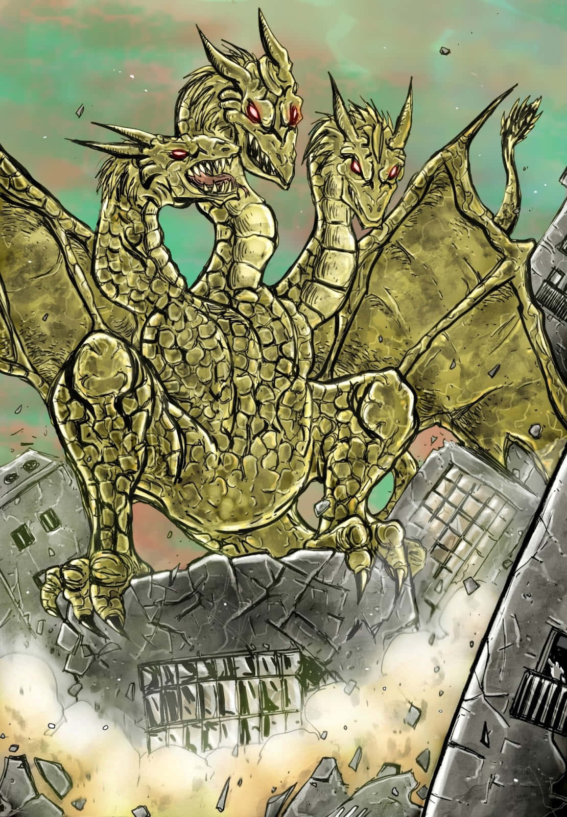 King Ghidorah, golden three-headed dragon, red eyes, HD Phone Wallpaper