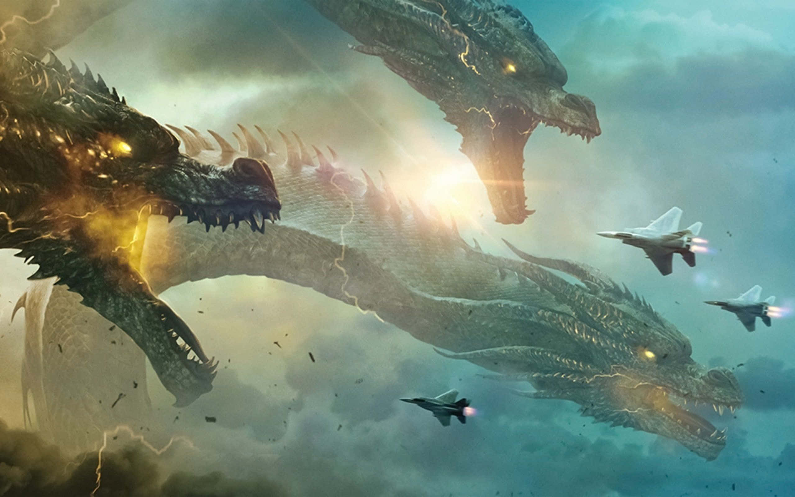 King Ghidorah, Battle Mode, glowing eyes, 2K Desktop Wallpaper