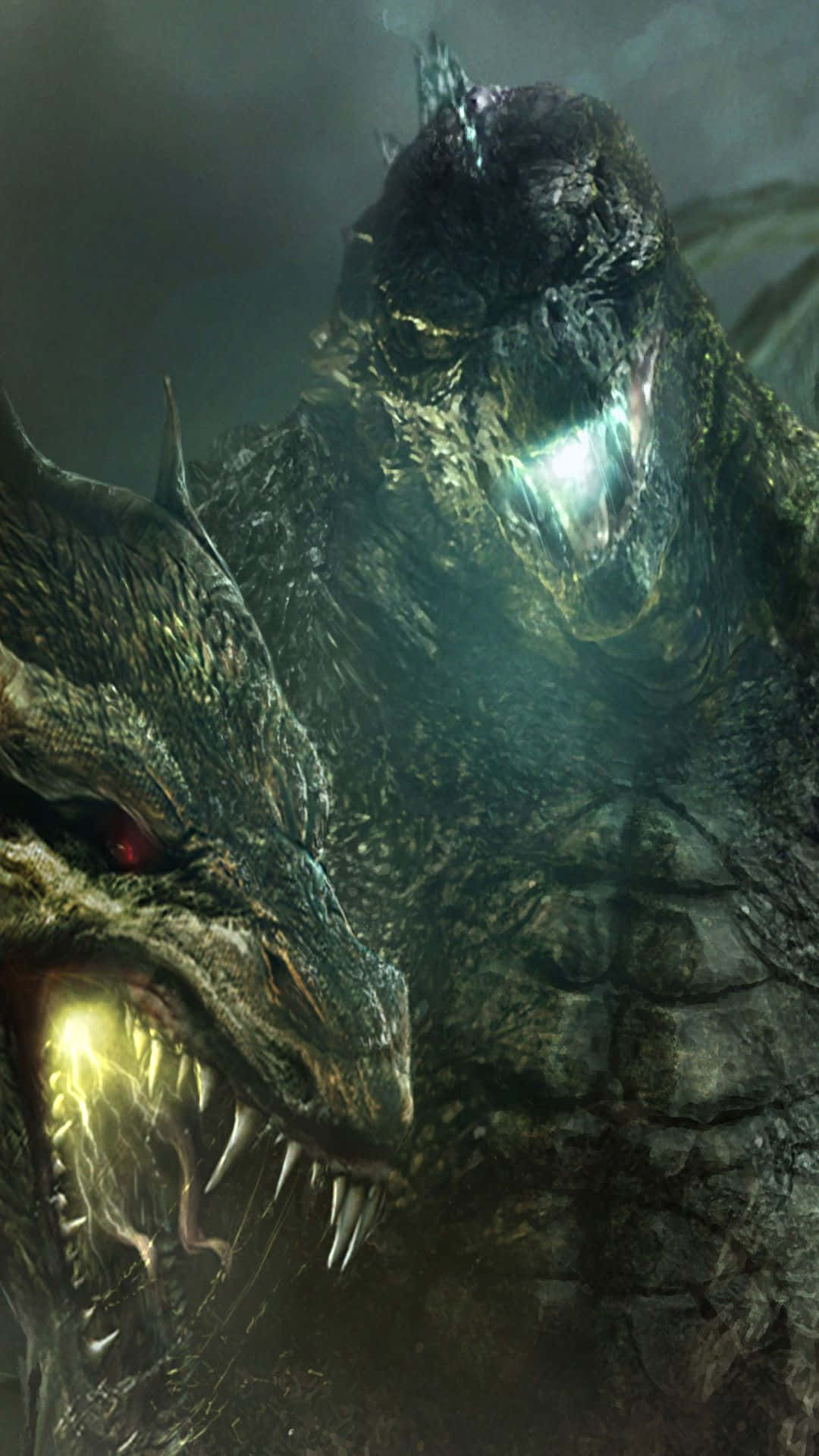 King Ghidorah, colossal kaiju monsters, glowing eyes, Full HD Phone Wallpaper