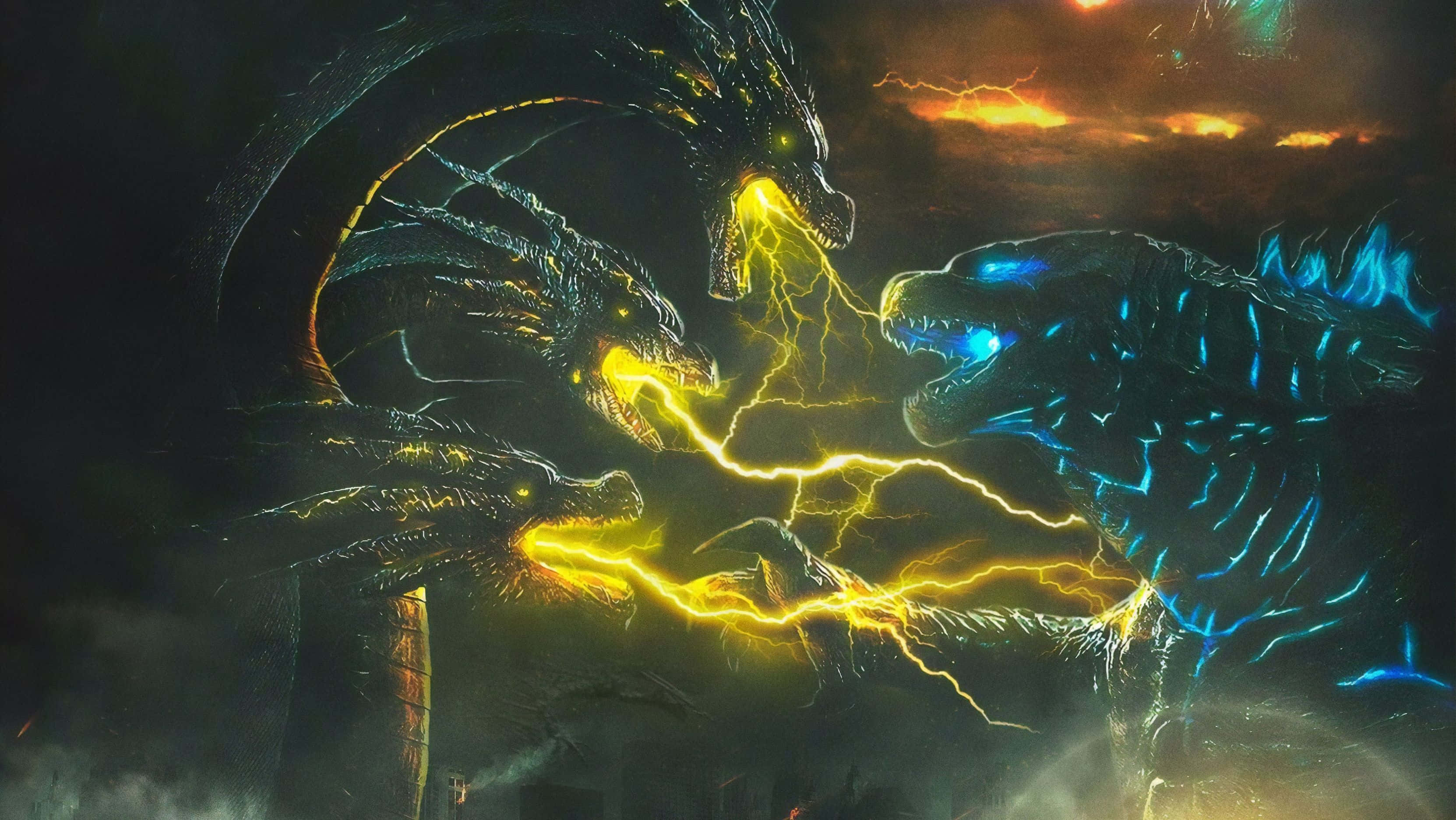 King Ghidorah, three-headed dragon, stormy sky, 2K Desktop Wallpaper