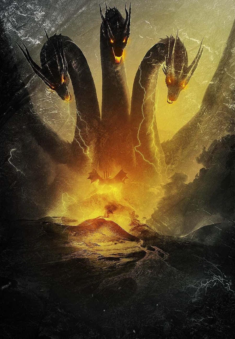 King Ghidorah, three-headed dragon, glowing orange eyes, HD Phone Wallpaper