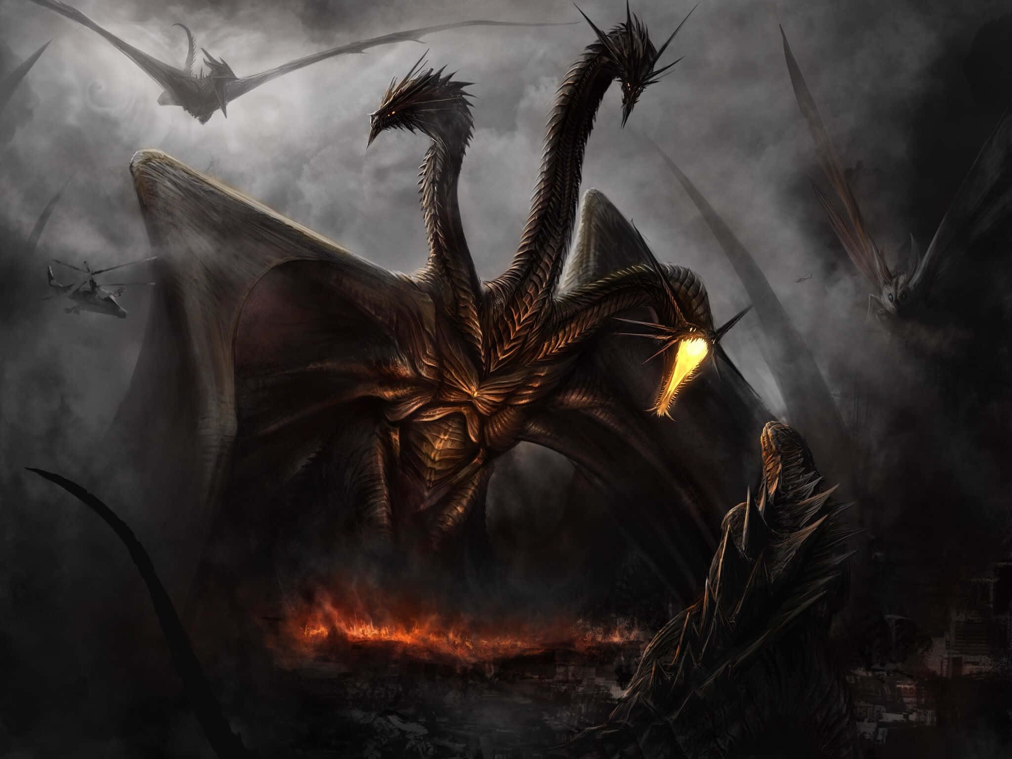 King Ghidorah, three-headed dragon, glowing eyes, Full HD Desktop Wallpaper