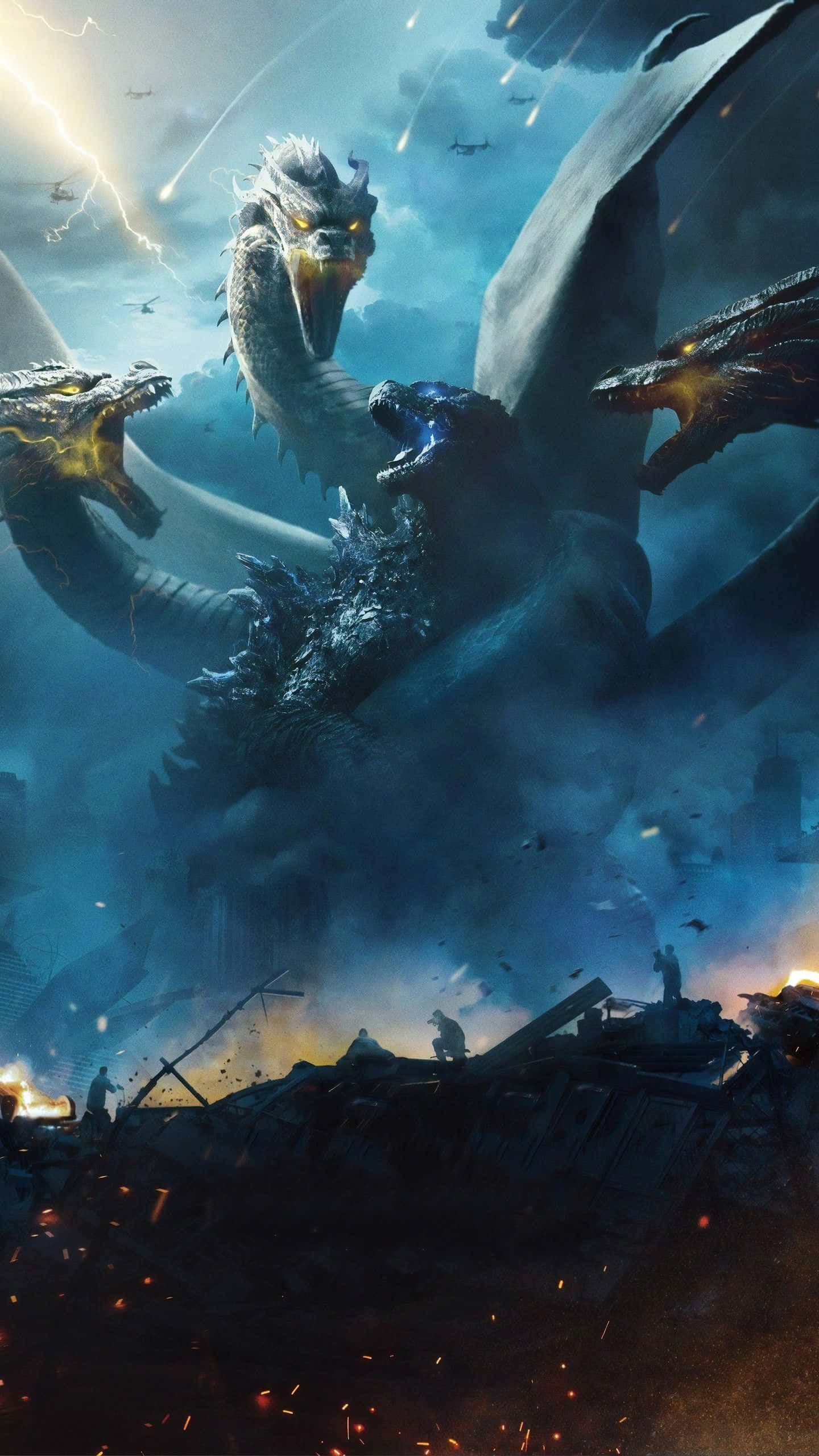 King Ghidorah, three-headed dragon, ruined cityscape, 2K Phone Wallpaper