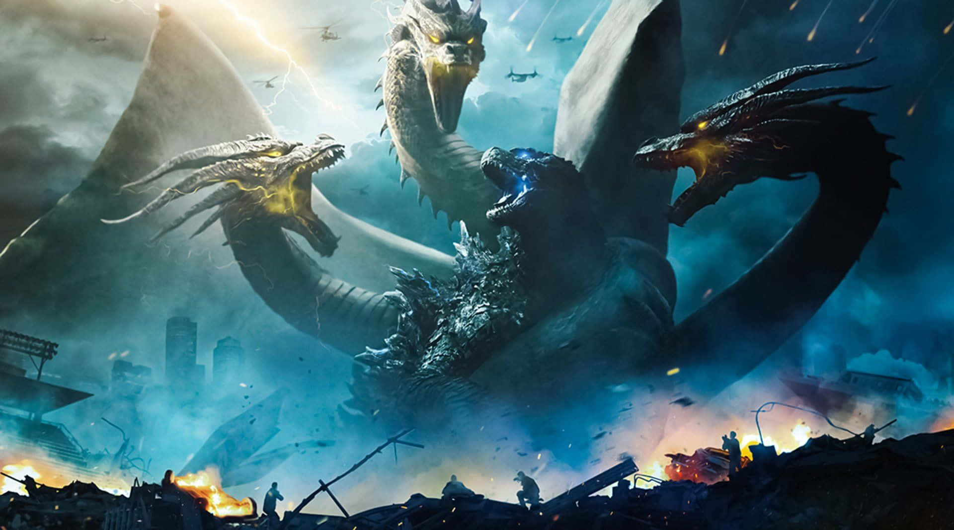 King Ghidorah, three-headed, burning cityscape, Full HD Desktop Wallpaper
