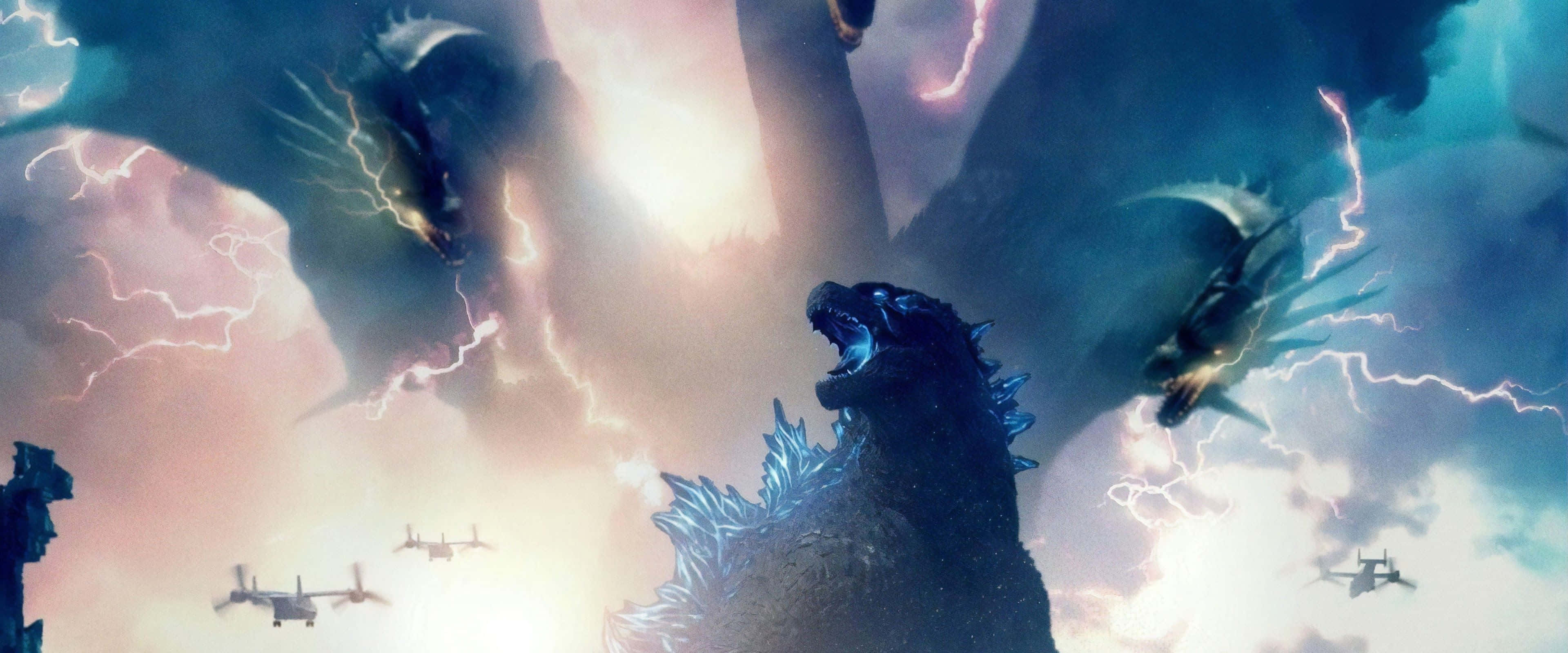 King Ghidorah, stormy skies, lightning strikes, 4K Desktop Wallpaper