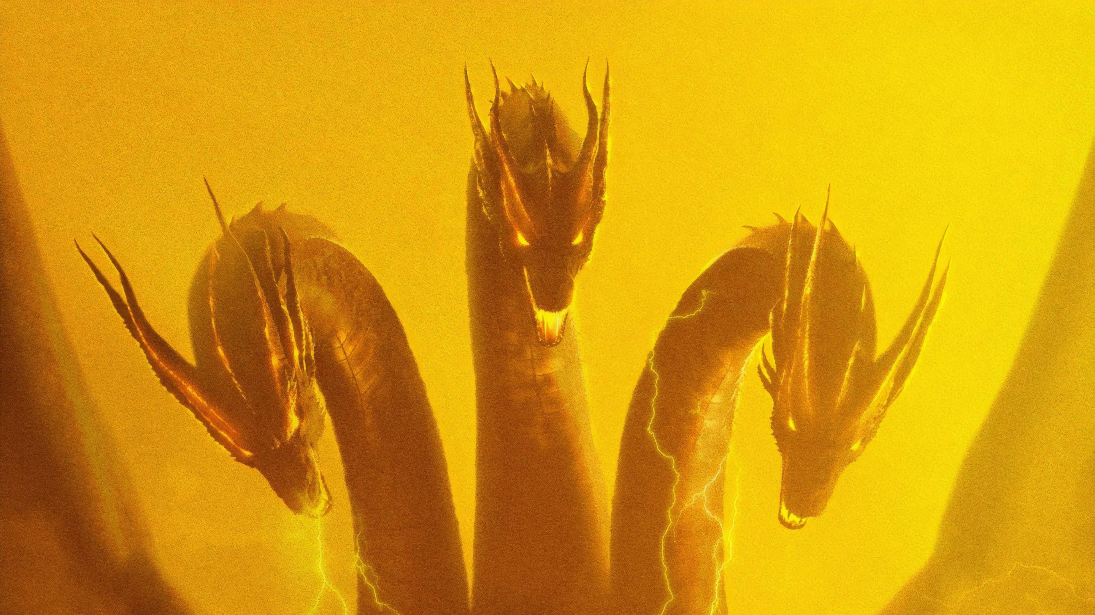 King Ghidorah, three-headed dragon, glowing eyes, 4K Desktop Wallpaper