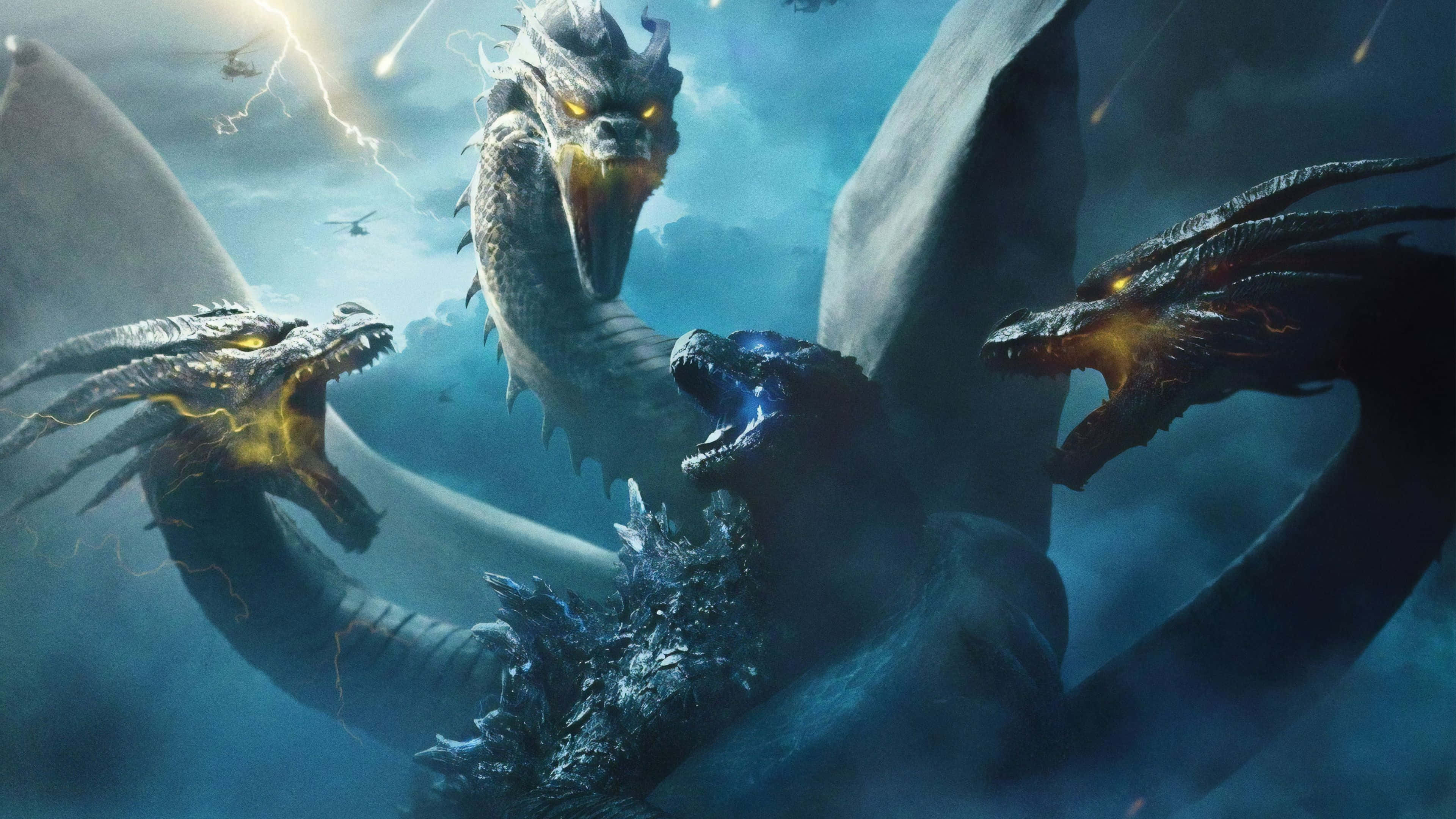 King Ghidorah, three-headed dragon, stormy skies, 4K Desktop Wallpaper