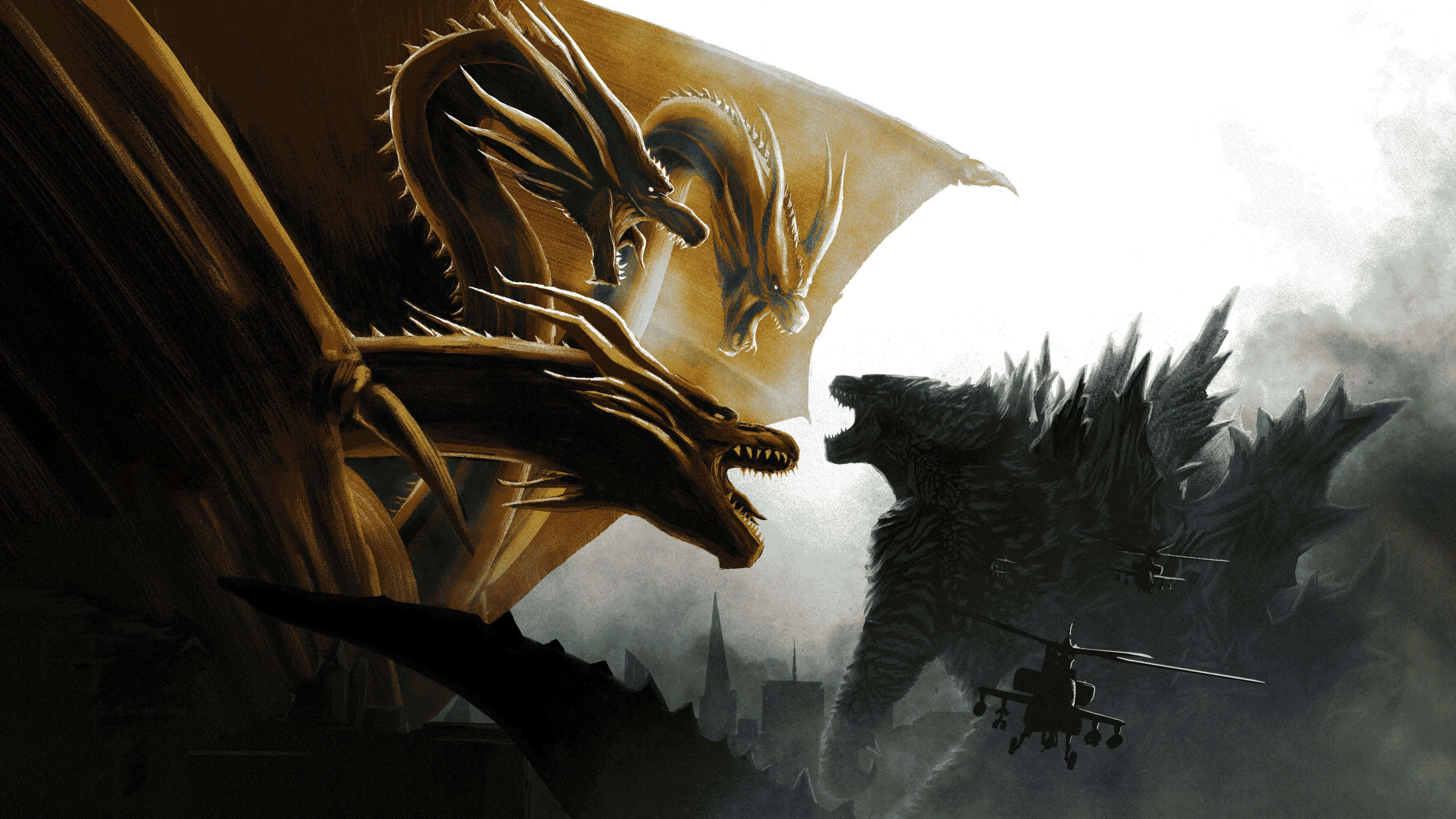 King Ghidorah, three-headed dragon, golden, 4K Desktop Wallpaper