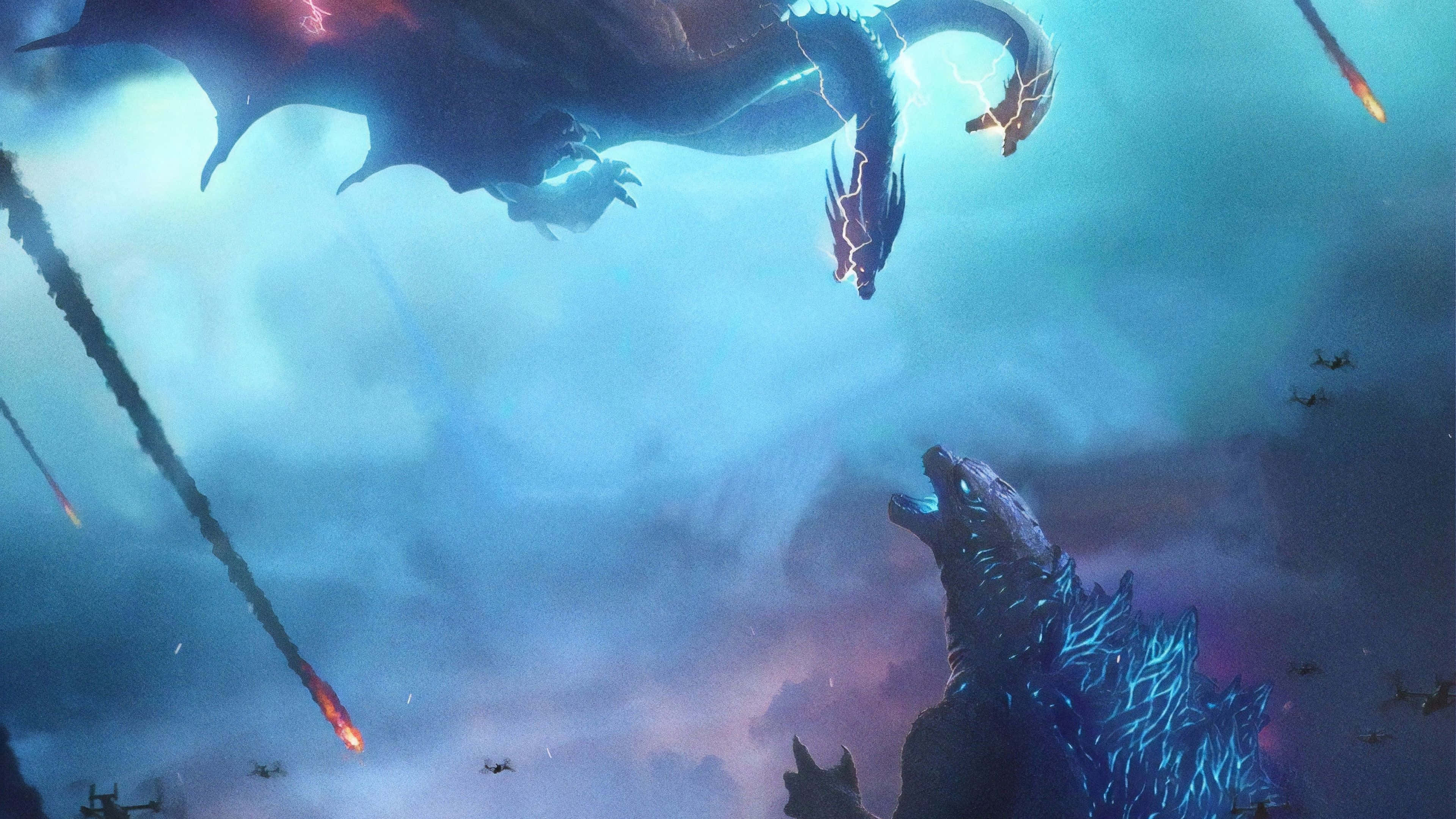 King Ghidorah, blue-scaled, lightning crackling, 4K Desktop Wallpaper