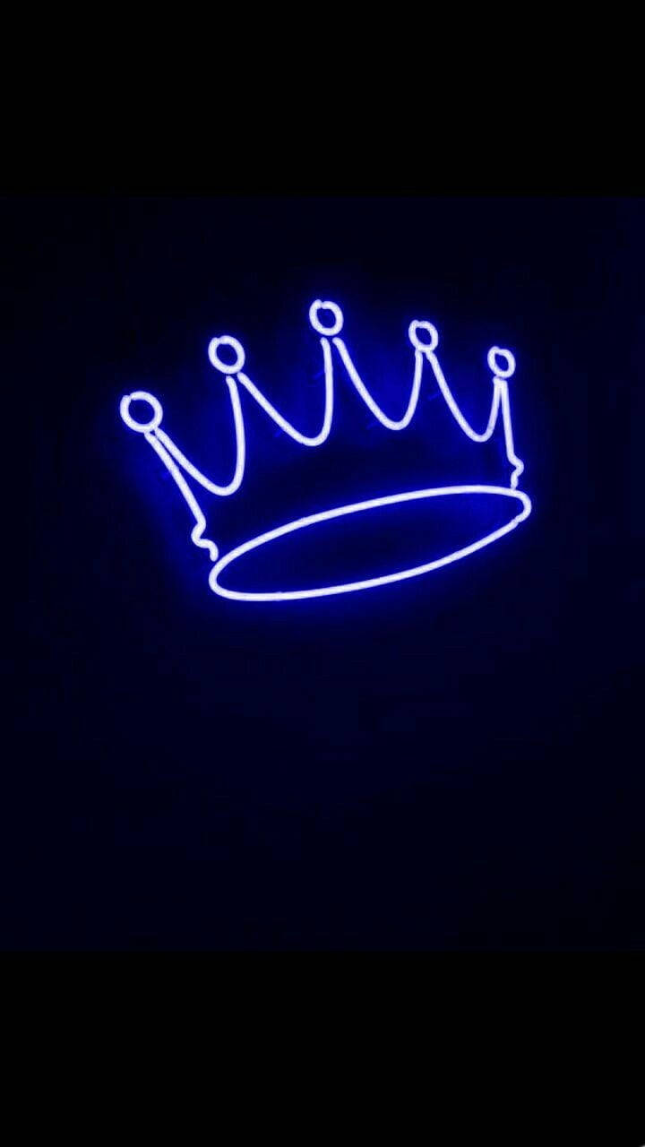 Neon Blue King iPhone, glowing blue neon crown outline, deep black background, HD Phone Wallpaper