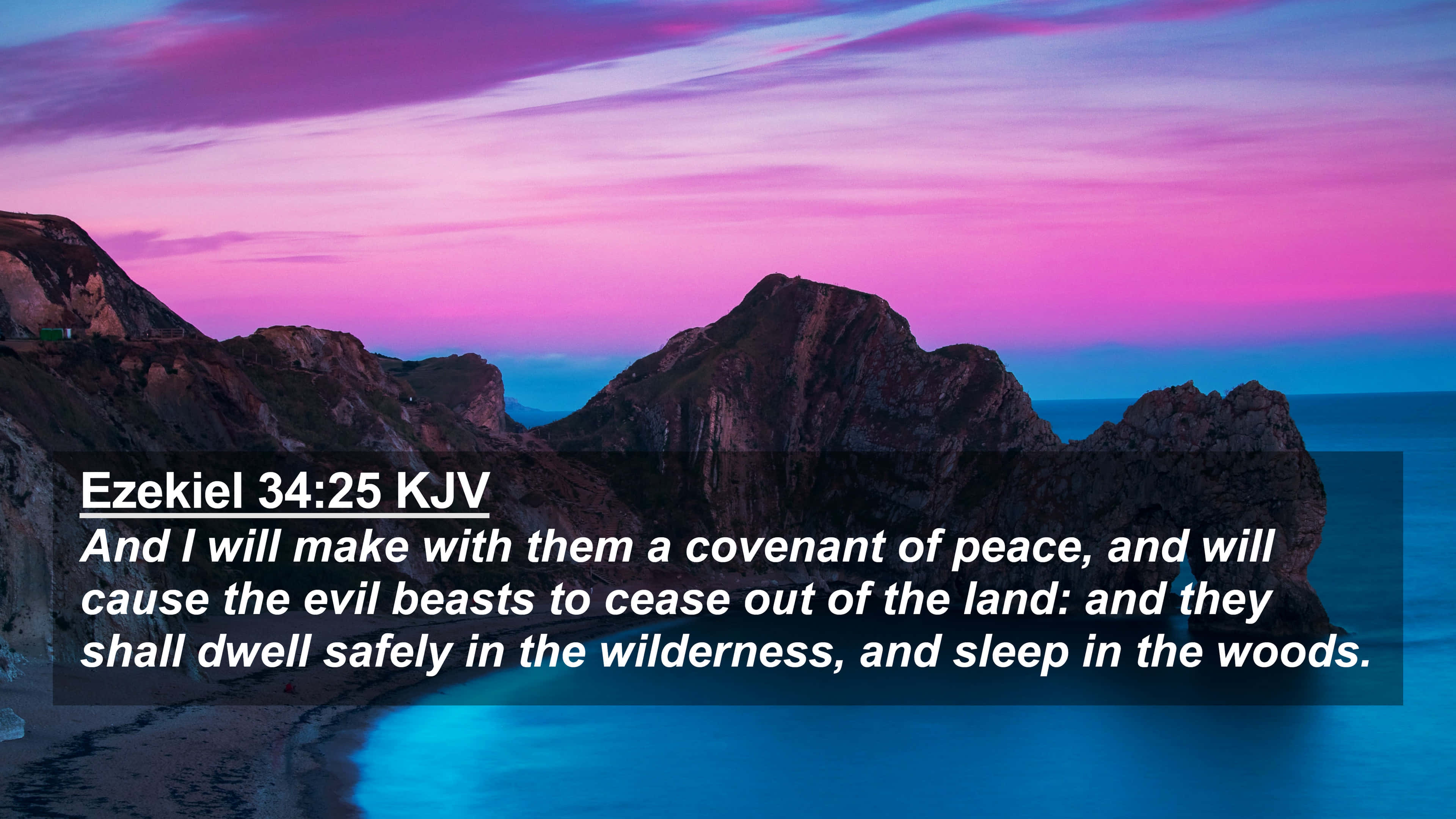 King James Bible, twilight coastal scene, jagged cliffs, 4K Desktop Wallpaper