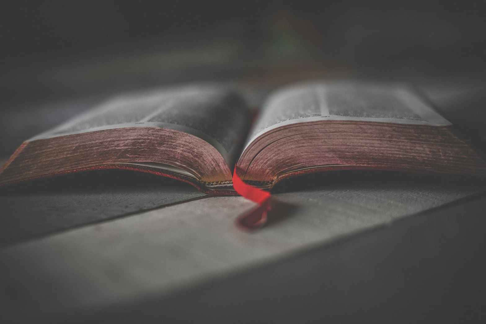 King James Bible, red ribbon bookmark, wooden surface, HD Desktop Wallpaper