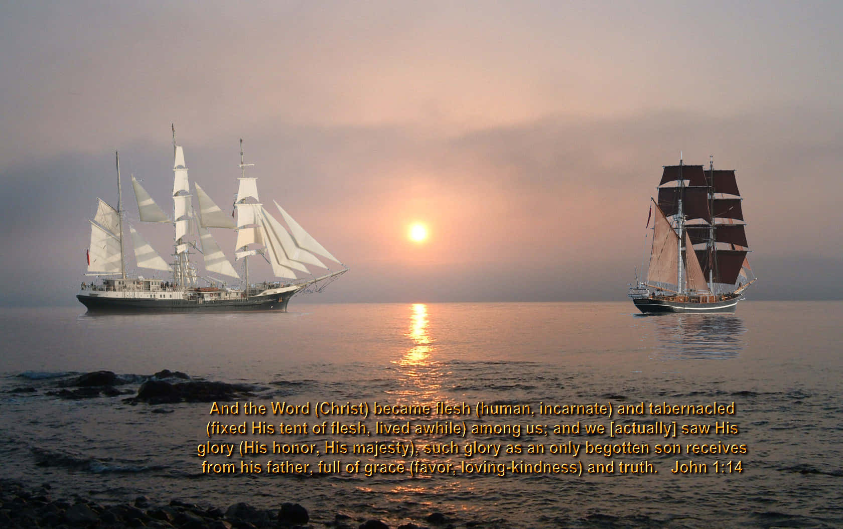 King James Bible, sailing ships, calm waters, HD Desktop Wallpaper