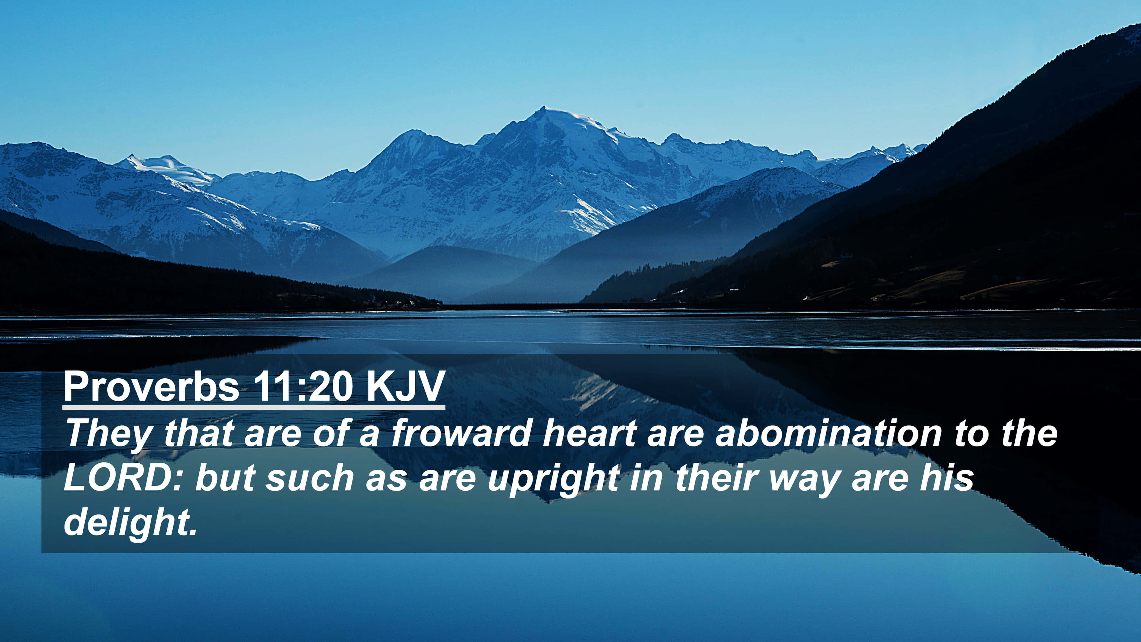King James Bible, snow-capped mountains, calm lake, 4K Desktop Wallpaper