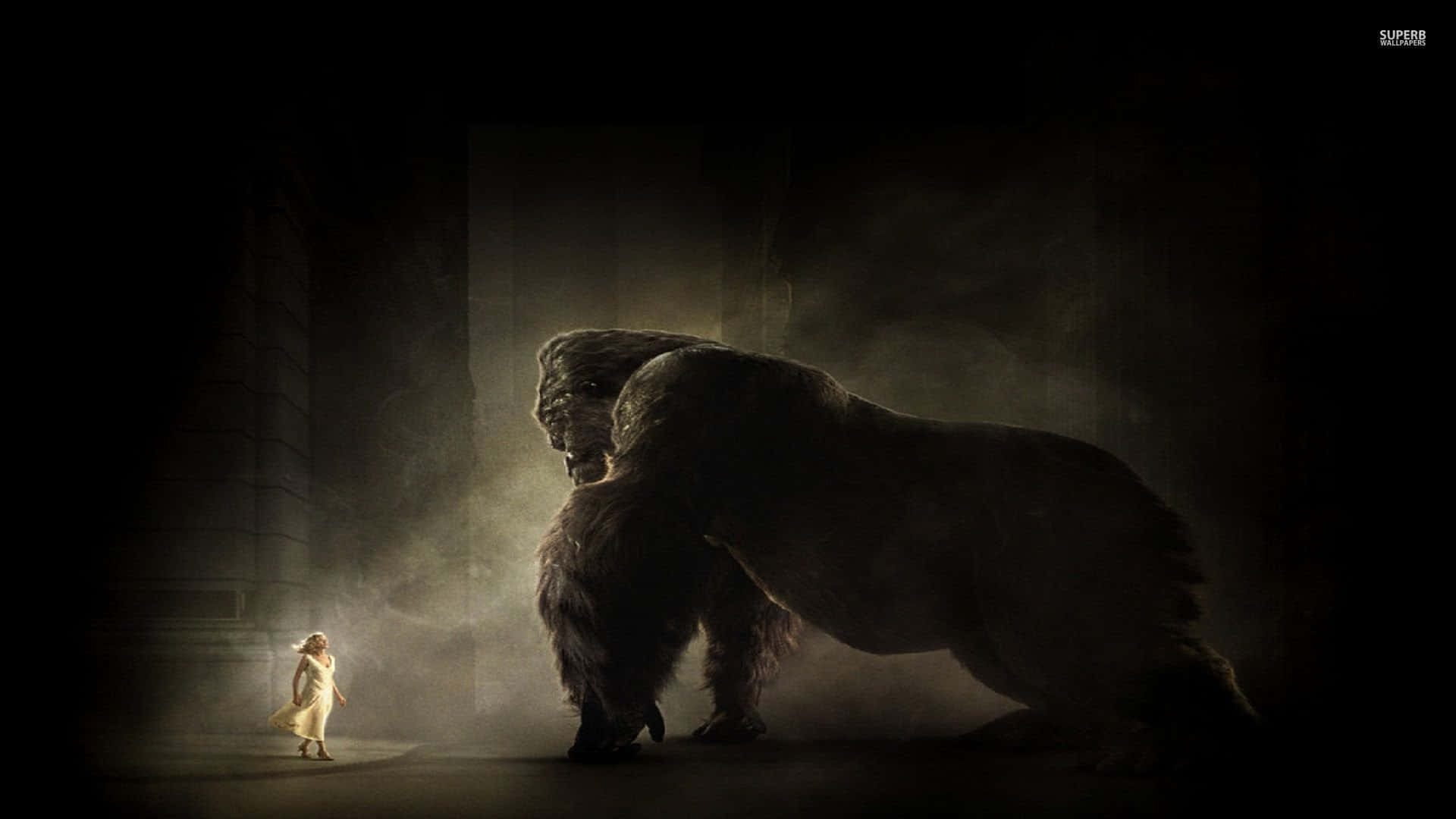 King Kong, colossal, shadowy gorilla, dimly lit, smoky cavernous space, Full HD Desktop Wallpaper