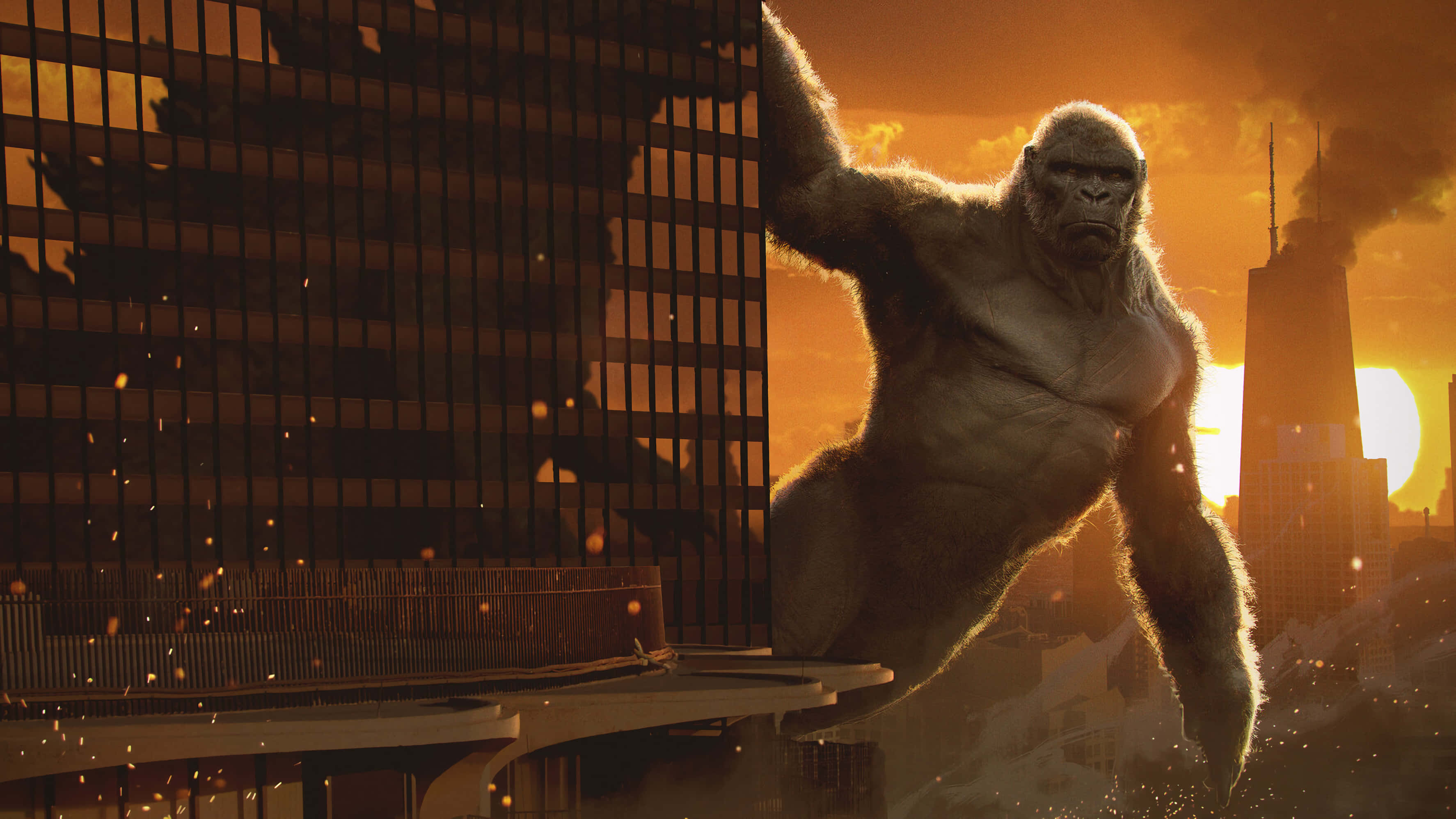King Kong, sunset, skyscraper, 2K Desktop Wallpaper