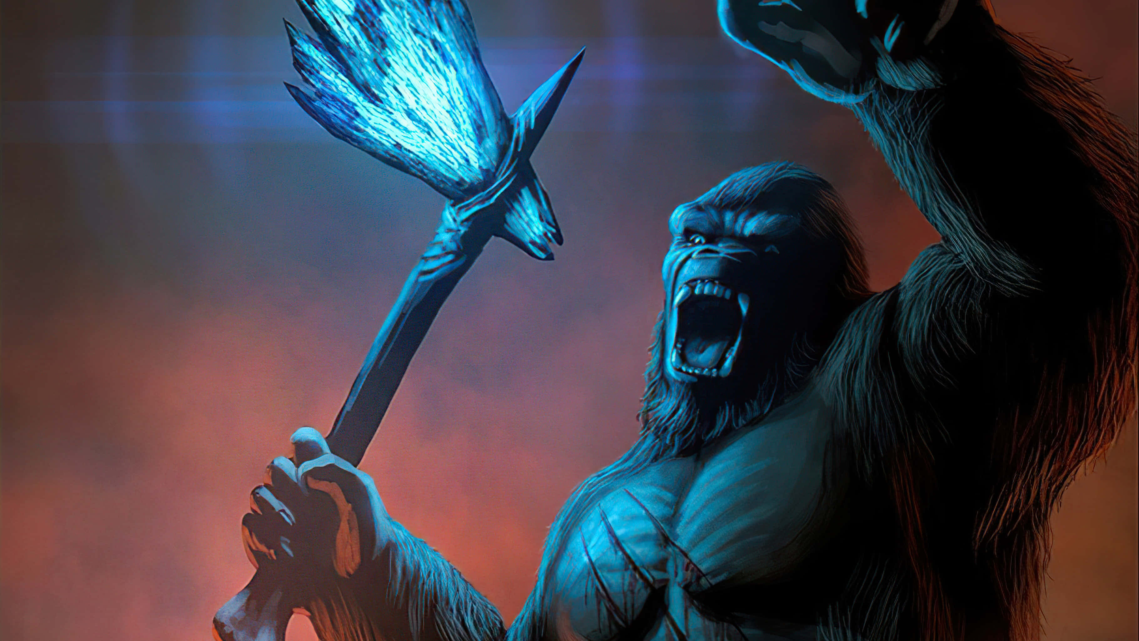 King Kong, blue-glowing gorilla, flaming axe, 2K Desktop Wallpaper