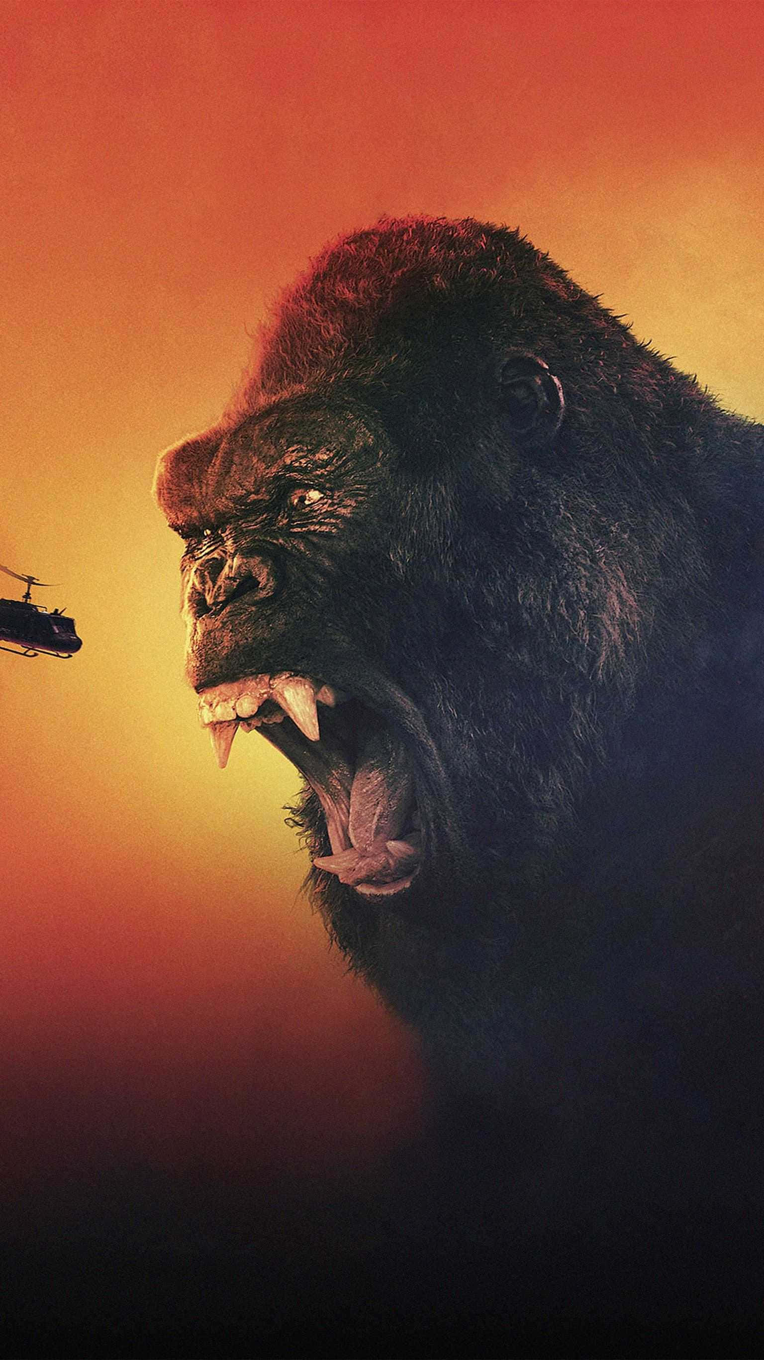 King Kong, fiery orange sunset, helicopter, 2K Phone Wallpaper