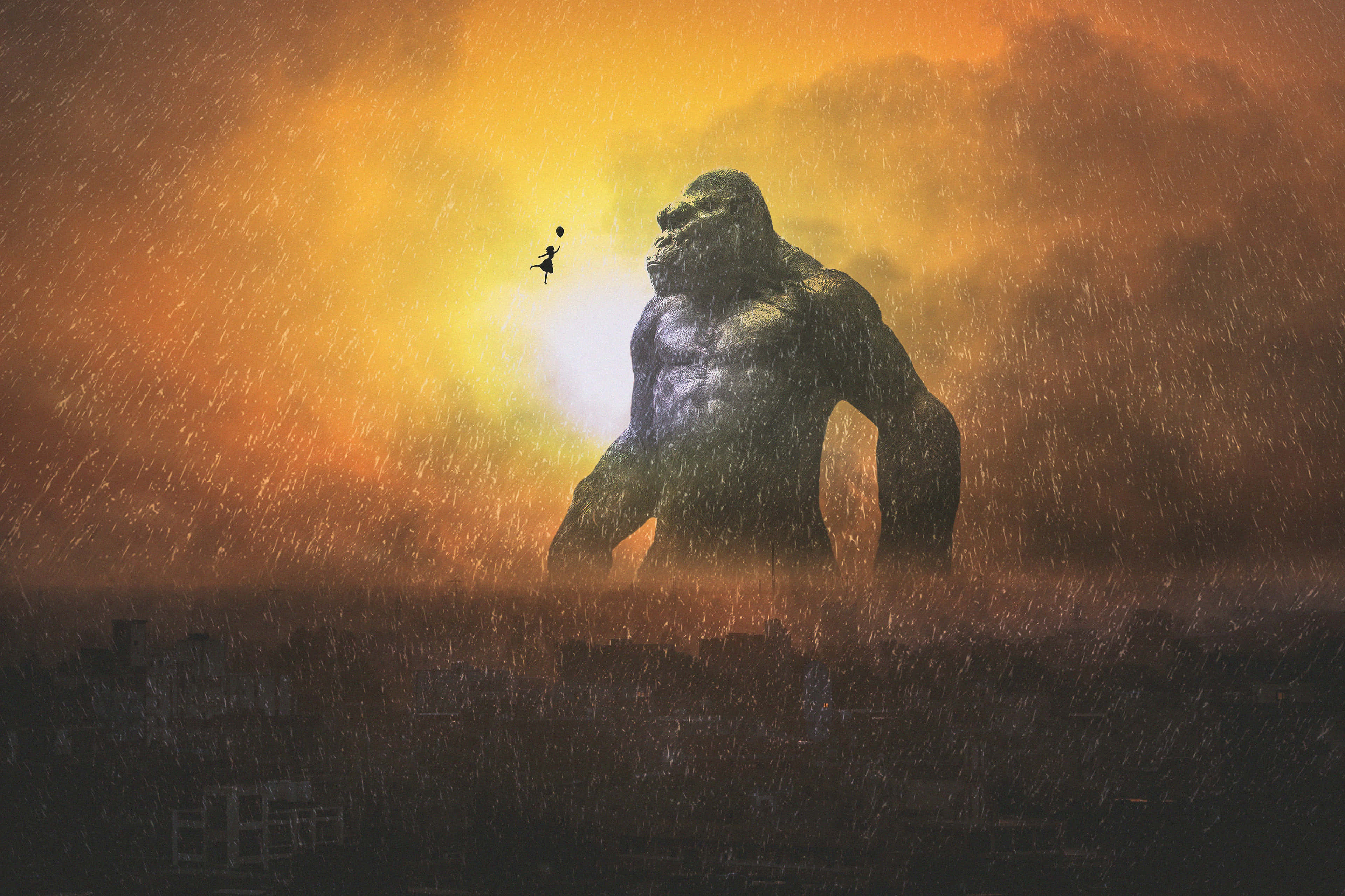 King Kong, 4K, rain-soaked cityscape, 4K Desktop Wallpaper
