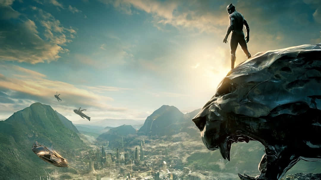 King Of Wakanda, jagged stone panther head, futuristic city valley, SD Desktop Wallpaper