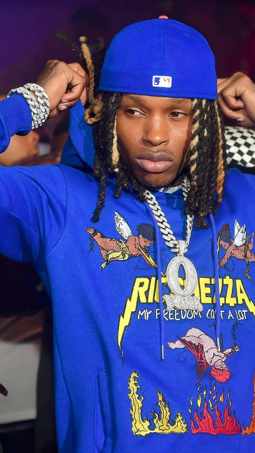 King Von, blue hoodie, blue MLB cap, HD Phone Wallpaper