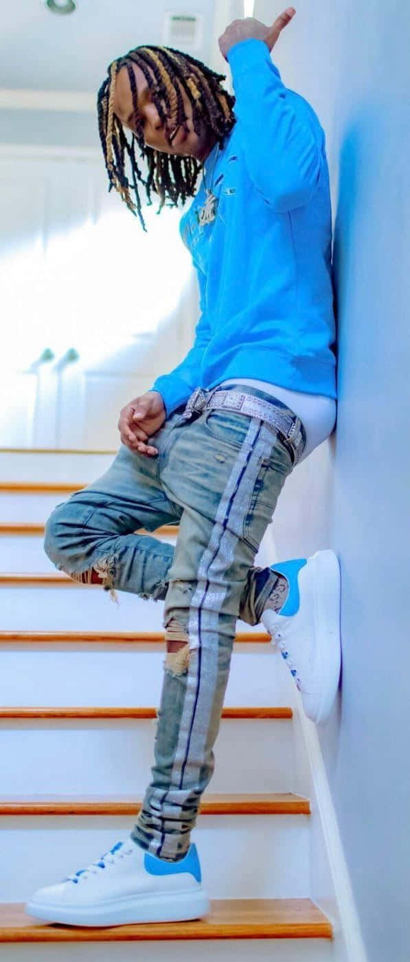 King Von, blue sweatshirt, staircase, HD Phone Wallpaper