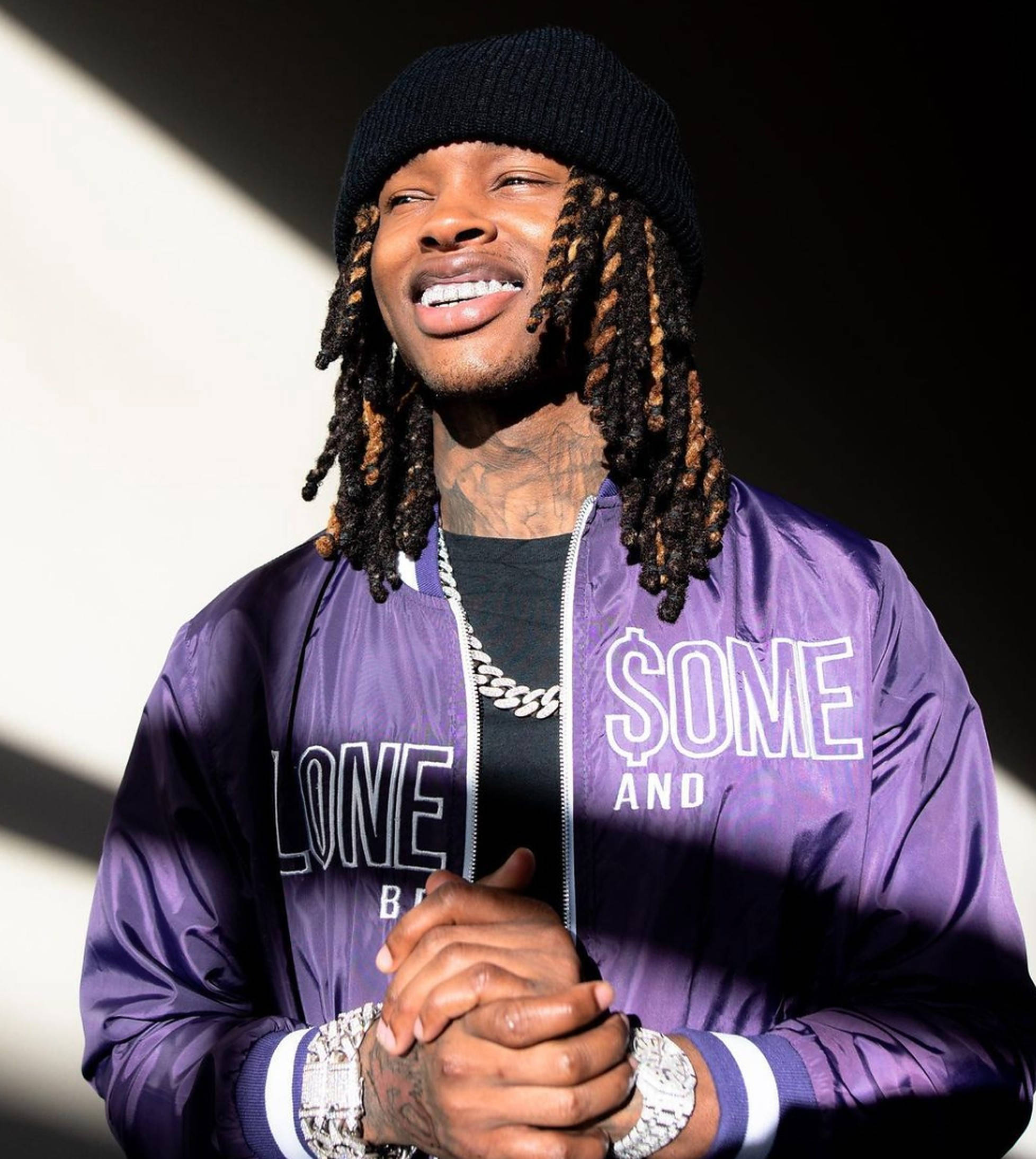 King Von, purple satin jacket, black beanie, Full HD Phone Wallpaper