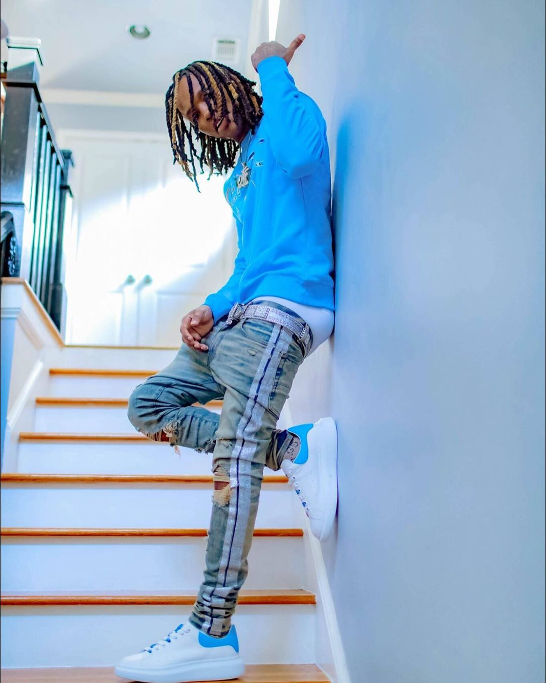 King Von, grand staircase, bright blue sweatshirt, 2K Phone Wallpaper